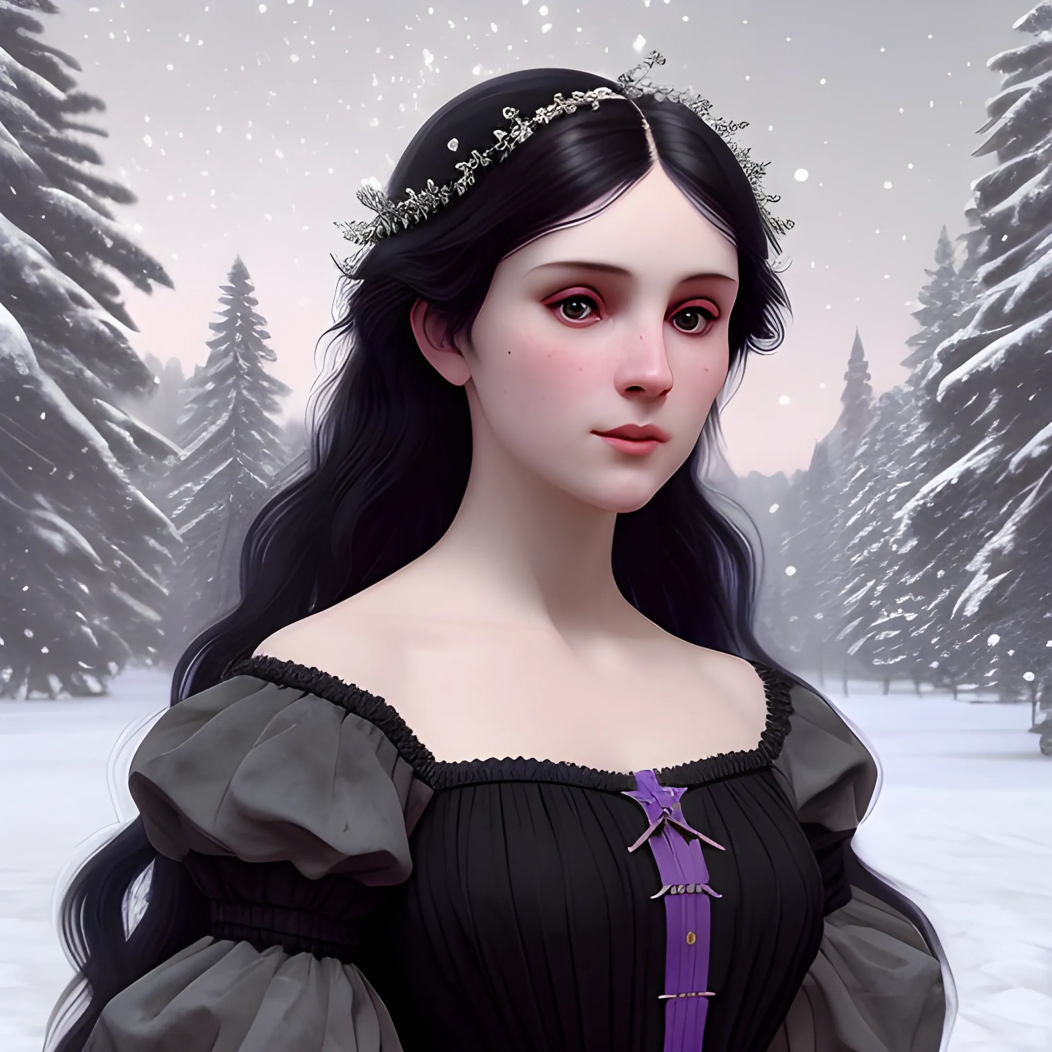 a pale woman with a highly detailed, perfect beautiful face, pale lavender eyes, meticulously detailed black long, flowing loose black hair and a purple dress; background is a snowy riverbank with pine trees, it's snowing; snow, snowflakes, glitter, luminos color sparkles, nebula sky, digital painting, artstation; Lisa Frank, artgerm, Greg Rutkowski, William-Adolphe Bouguereau, renaissance, Unreal Engine 5, 3D