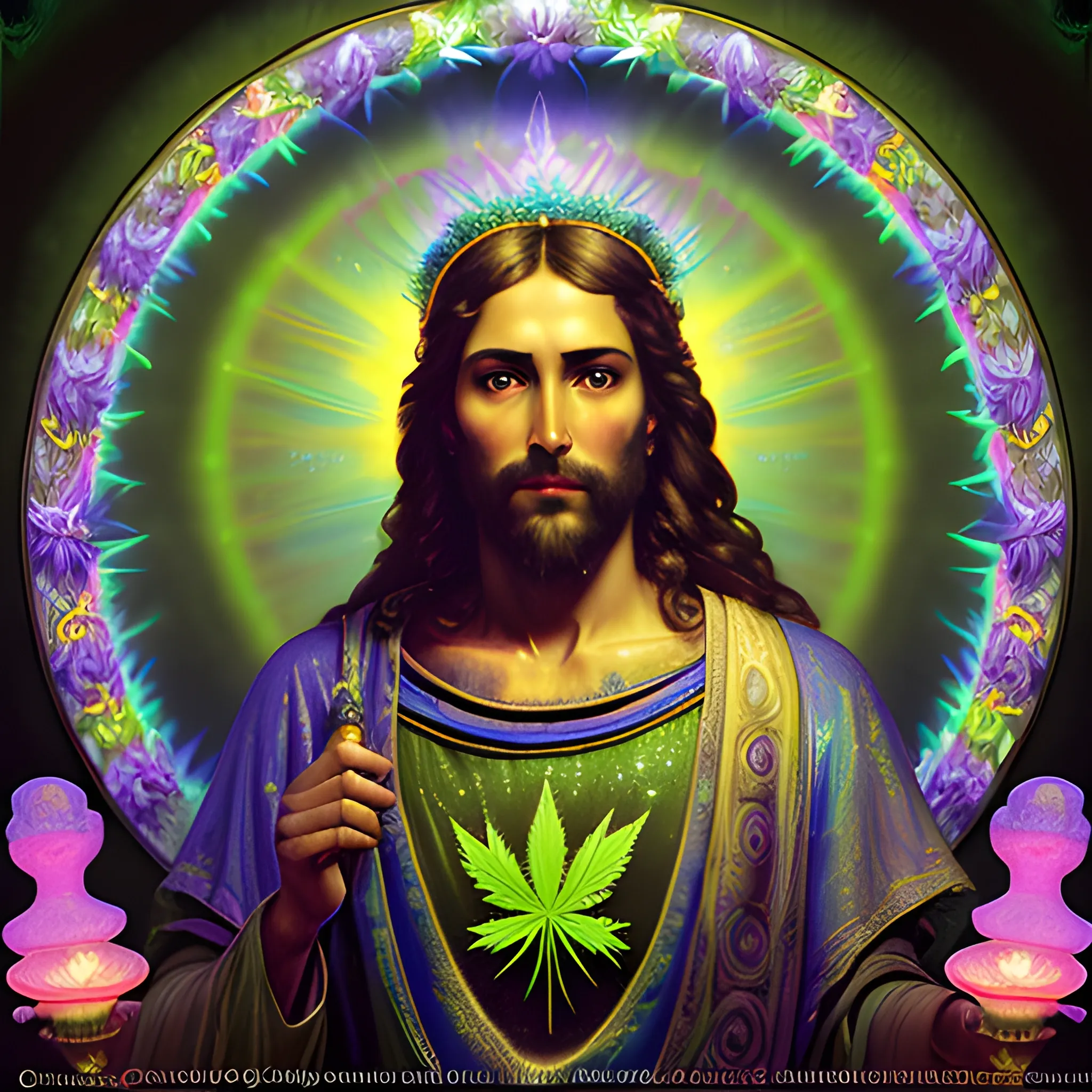 eoclassicist colorful blacklight uv highly detailed painting of Jesus as a marijuana goddess, ethereal fantasy hyperdetailed mist, maximalist matte painting, polished, realistic oil painting; old fashioned, vintage, antique; luminous color sparkles, marijuana, by gaston bussiere, craig mullins, j. c. leyendecker, norman rockwell, 3D