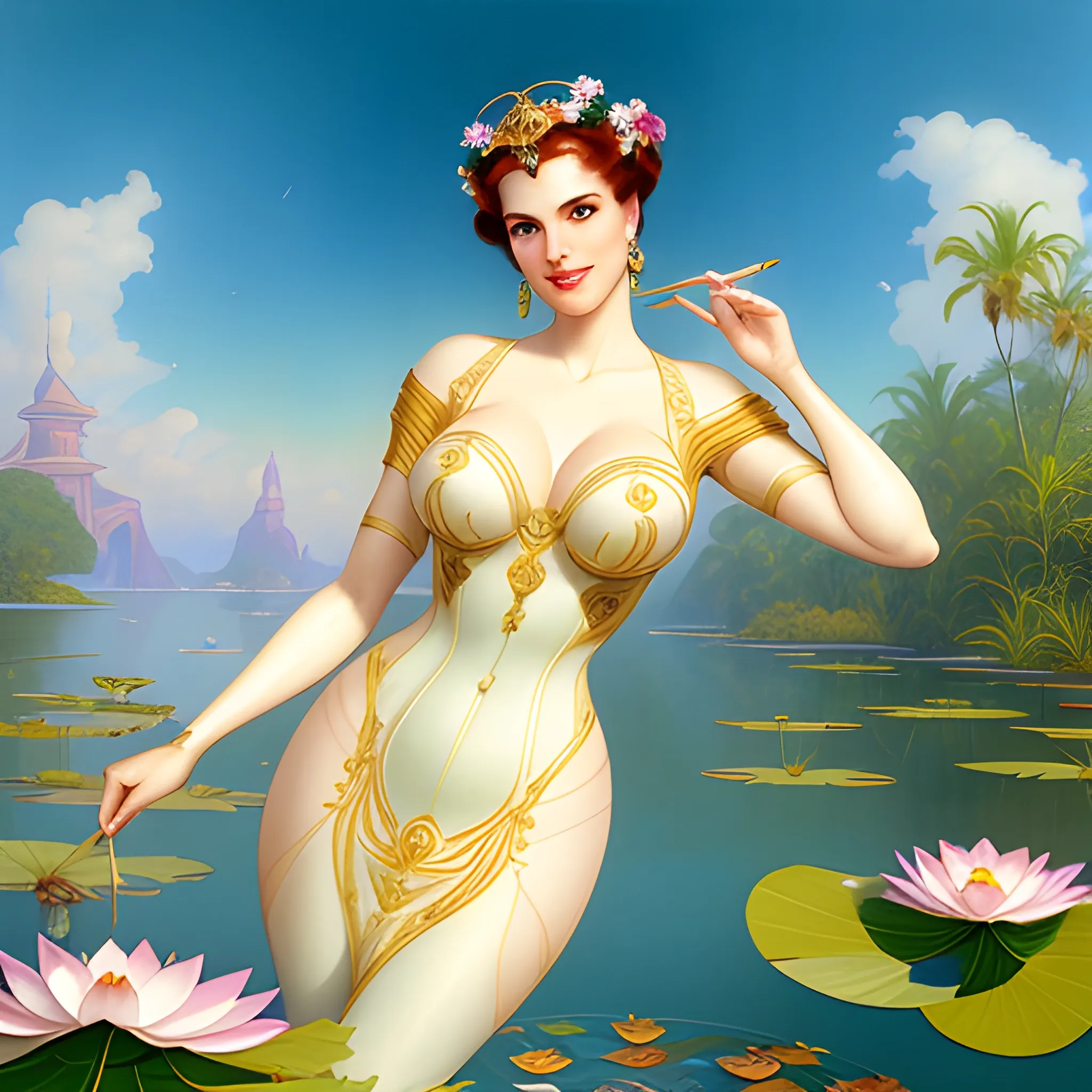 young Geena Davis at a lotus pond; highly detailed beautiful face; glitter, renaissance; high contrast, pastel, sorbet, pearlescent, underwater, surreal, Unreal Engine 5; by Dan Parent, Alphonse Mucha, Artgerm, WLOP, intricately detailed, fantasy, bizarre, beautiful, Chromolithography, Soft Shading, Unreal Engine; digital painting, smooth, sharp focus, illustration, art by lisa frank, Steve Goad, Frank Frazetta, William-Adolphe Bouguereau, Unreal Engine 5, Cartoon, 3D, Oil Painting, 3D