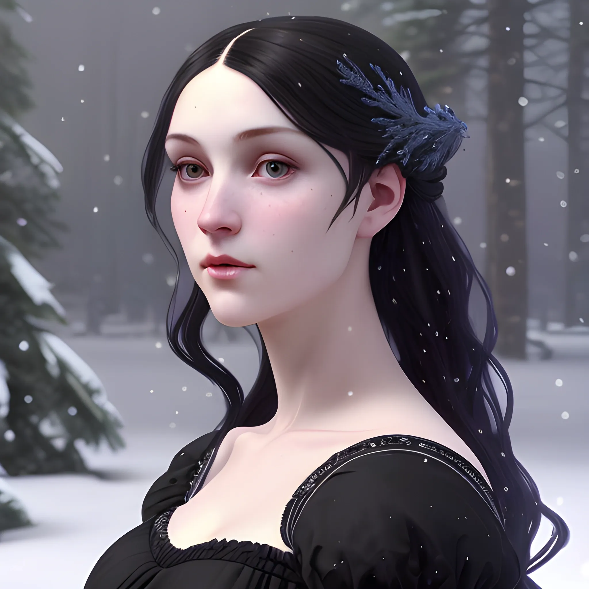 a pale woman with a highly detailed, perfect beautiful face, pale lavender eyes, meticulously detailed black long, flowing loose black hair and a purple dress; background is a snowy riverbank with pine trees, it's snowing; snow, snowflakes, glitter, luminos color sparkles, nebula sky, digital painting, artstation; Lisa Frank, artgerm, Greg Rutkowski, William-Adolphe Bouguereau, renaissance, Unreal Engine 5, 3D