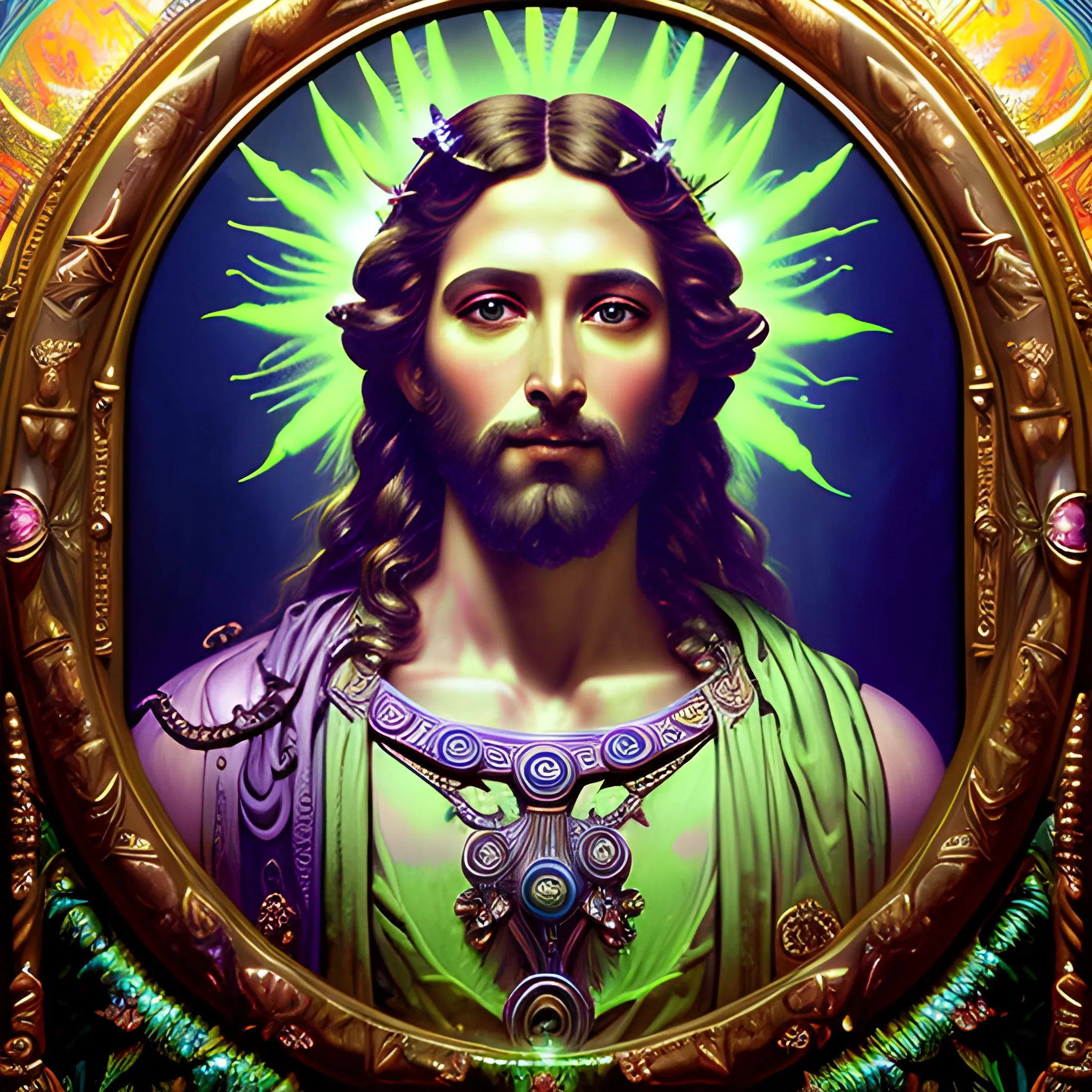 eoclassicist colorful blacklight uv highly detailed painting of Jesus as a marijuana goddess, ethereal fantasy hyperdetailed mist, maximalist matte painting, polished, realistic oil painting; old fashioned, vintage, antique; luminous color sparkles, marijuana, by gaston bussiere, craig mullins, j. c. leyendecker, norman rockwell, 3D