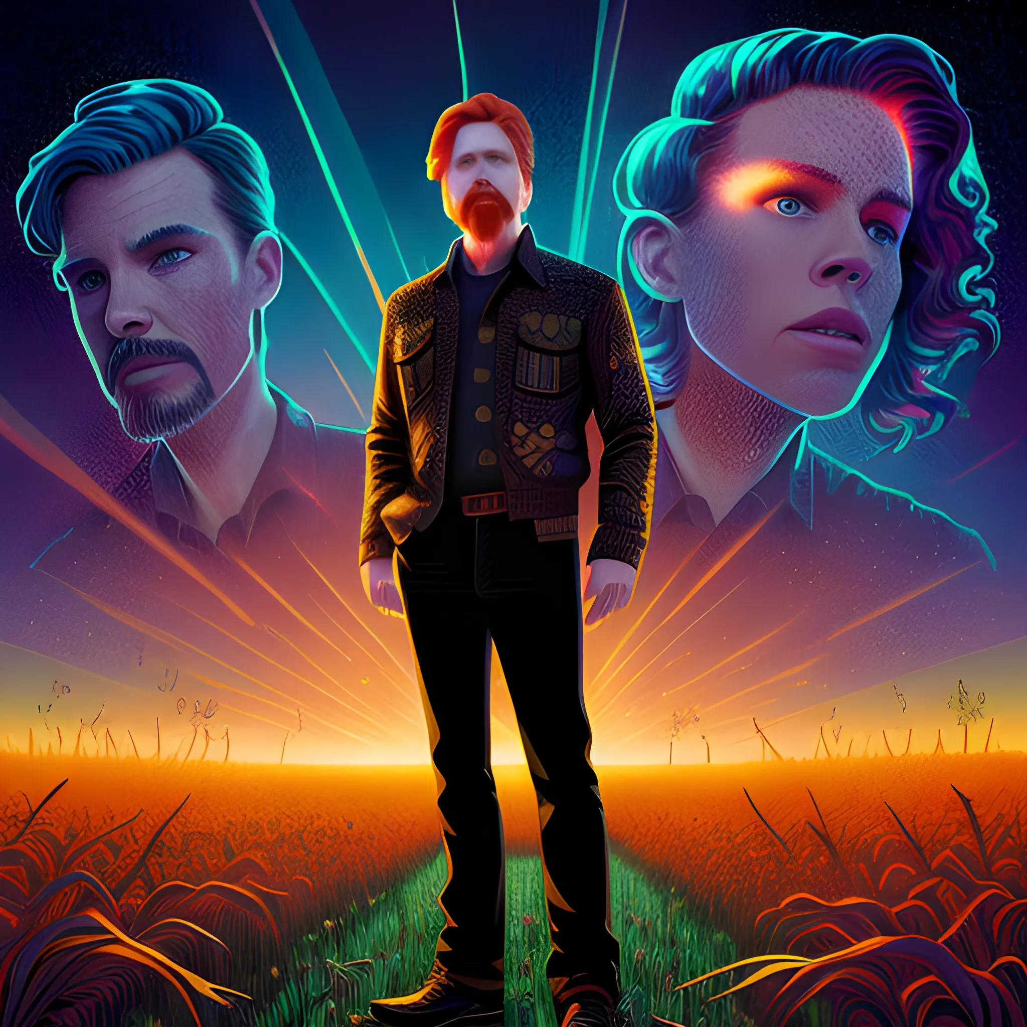 male actor Courtney Gains, his highly detailed handsome face, meticulously detailed multi-hued red hair, standing in tall corn, cornfield, nebula sky; by James R. Eads, Fausto-Giurescu, Tania Rivilis, Renata-s-art, Dan Mumford; luminous colorful sparkles, glitter, airbrush, depth of field, volumetric lighting, deep color, underground comix