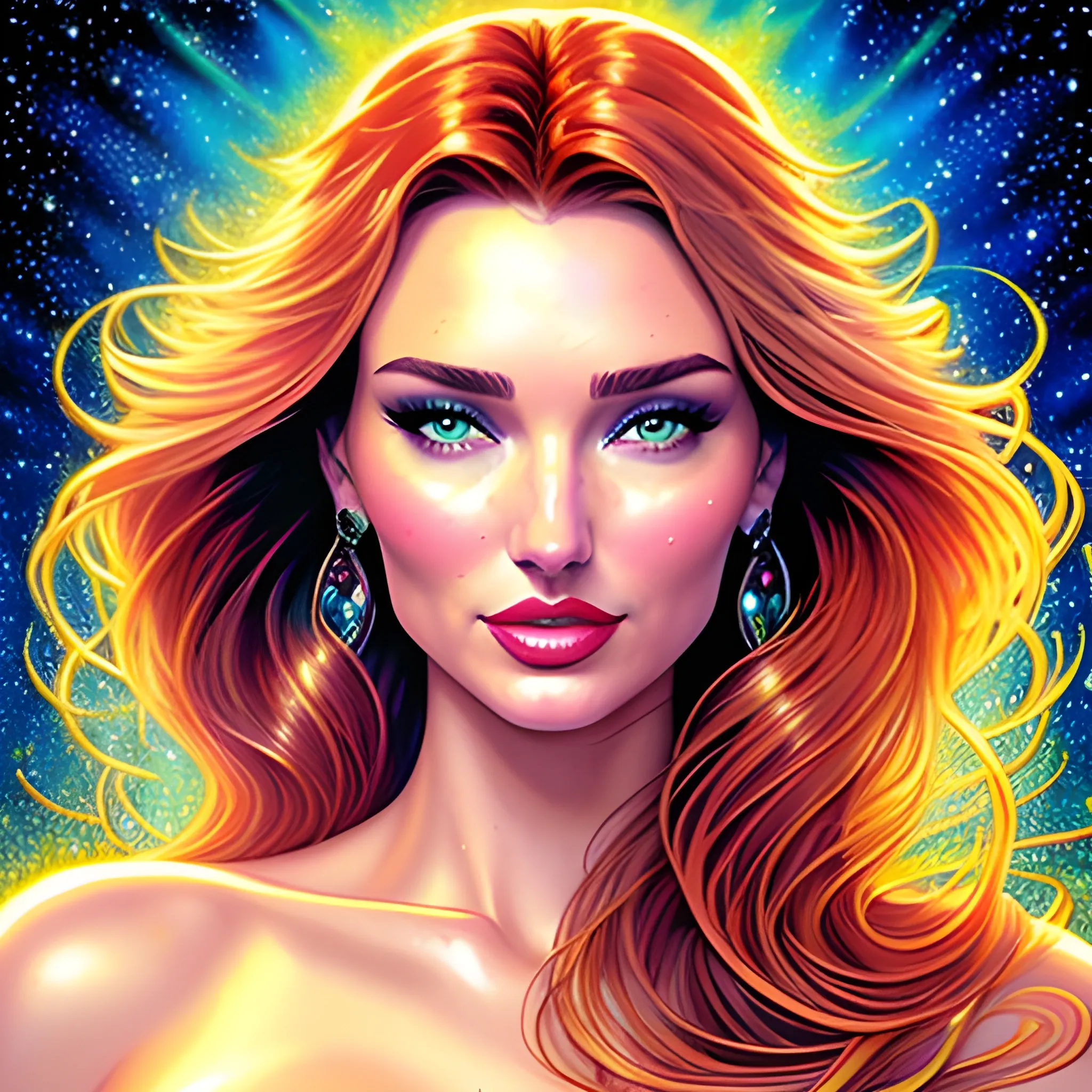 young Miranda Kerr / Candice Swanepoel / Elsa Hosk face morph, her highly detailed attractive face, meticulously detailed, multi-hued white-blond-red hair, blue-green eyes, dimple; supermodel, Victoria's Secret angel; by James R. Eads, Fausto-Giurescu, Tania Rivilis, Maxfield Parrish, Alphonse Mucha, Dan Mumford; luminous colorful sparkles, glitter, airbrush, depth of field, volumetric lighting Jason Beam art, Julie Bell art, Scott M Fischer, Neysa McMein, 3D