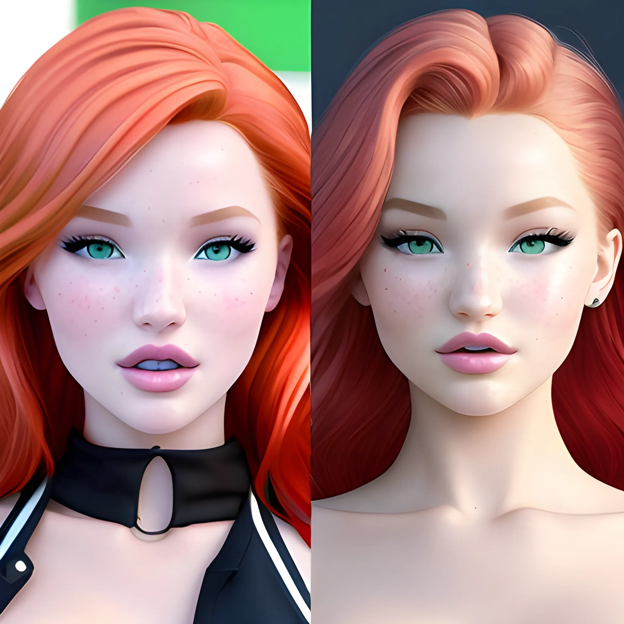 Bella Thorne / Dove Cameron / Gigi Hadid face morph, green eyes, red hair, 3D