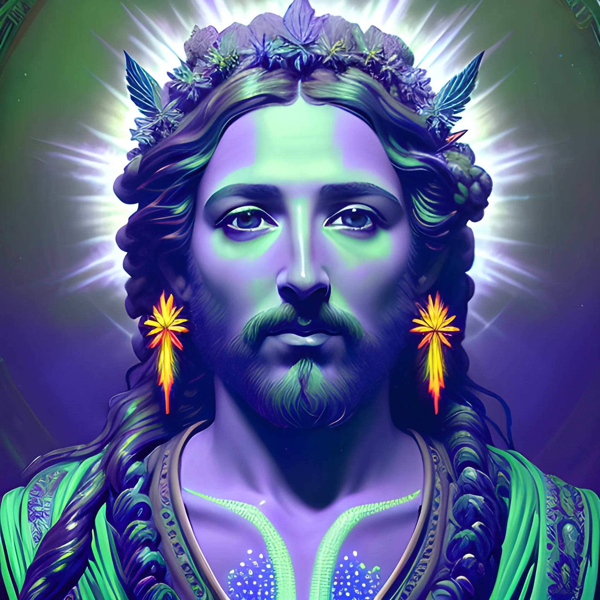 eoclassicist colorful blacklight uv highly detailed painting of Jesus as a marijuana goddess, ethereal fantasy hyperdetailed mist, maximalist matte painting, polished, realistic oil painting; old fashioned, vintage, antique; luminous color sparkles, marijuana, by gaston bussiere, craig mullins, j. c. leyendecker, norman rockwell, 3D