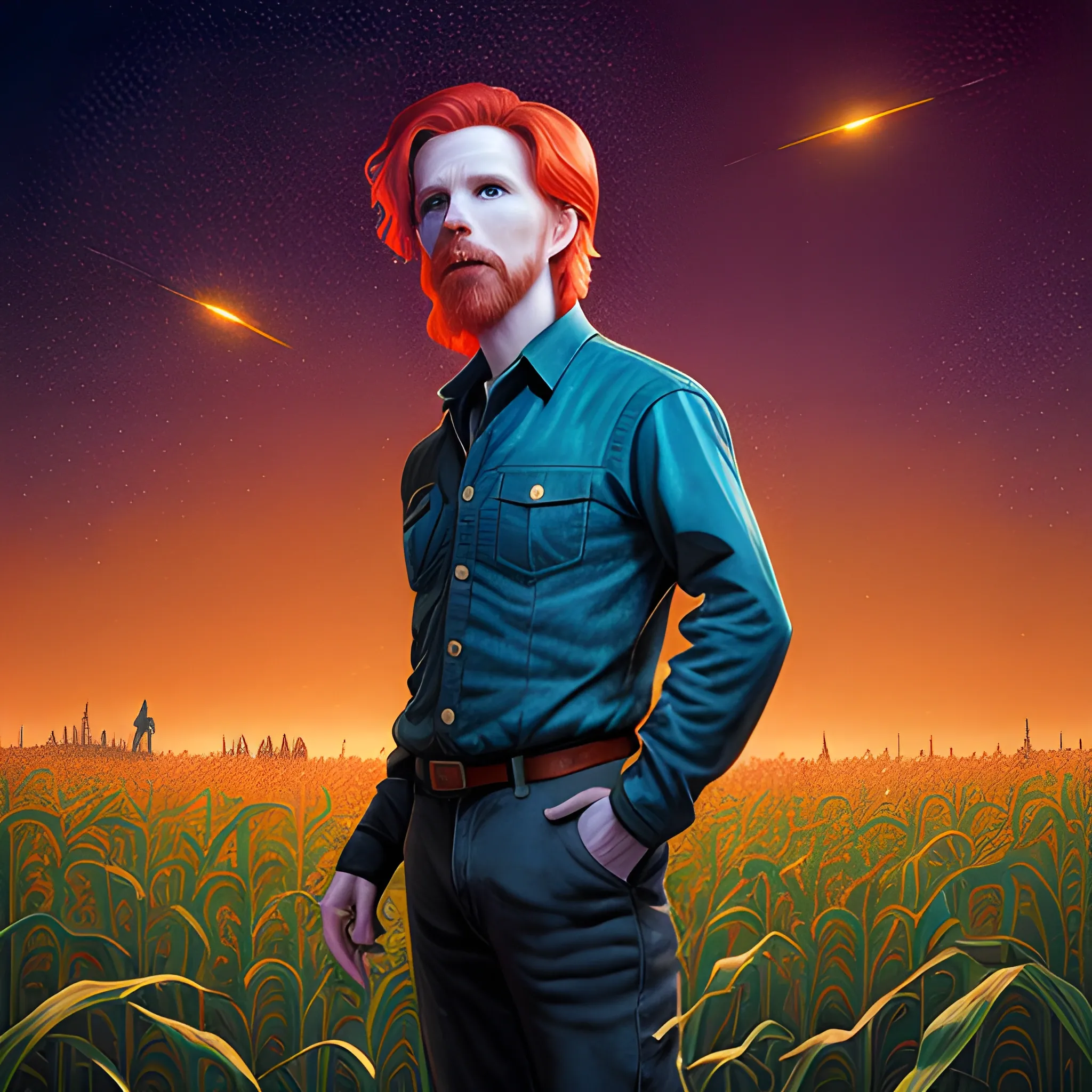 male actor Courtney Gains, his highly detailed handsome face, meticulously detailed multi-hued red hair, standing in tall corn, cornfield, nebula sky; by James R. Eads, Fausto-Giurescu, Tania Rivilis, Renata-s-art, Dan Mumford; luminous colorful sparkles, glitter, airbrush, depth of field, volumetric lighting, deep color, underground comix