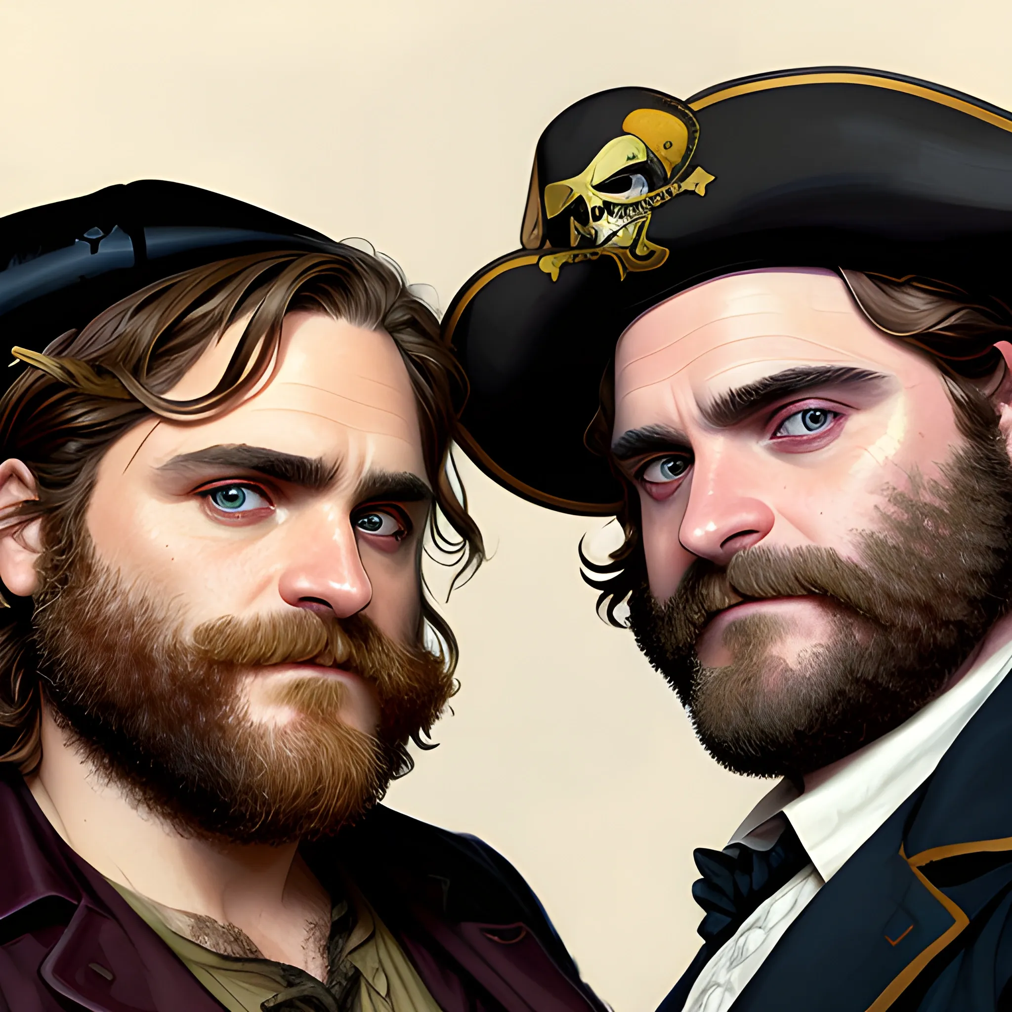 Joaquin Phoenix and Zach Galifianakis doing cosplay as pirates, highly detailed faces, modern American; by Lisa Frank, Daniel Gerhartz, Phil Noto art, Mucha, Manara; hyper-detailed, hyper-realistic, sharp focus; symmetrical face; textured shading, subtractive lighting, Unreal Engine