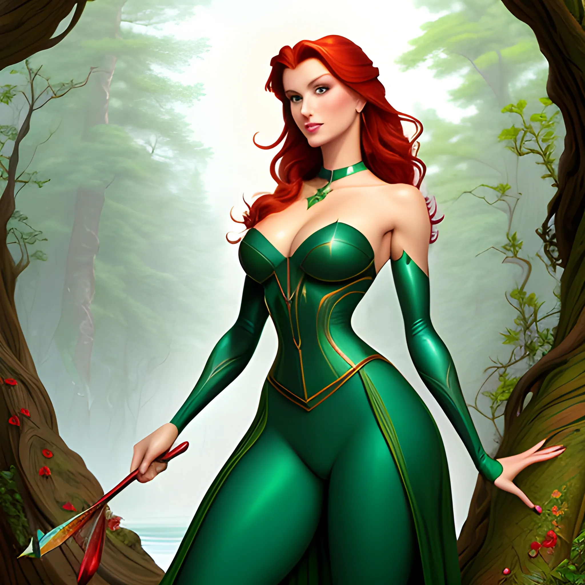 full length body shot, Elsa Hosk / Shanina Sheik / Robyn Lively face morph in a deep green pine tree forest; red hair, green eyes, highly detailed beautiful face; glitter, high contrast, intricately detailed, fantasy, beautiful, Chromolithography, Soft Shading, Unreal Engine; digital painting, smooth, sharp focus, illustration, art by lisa frank, Steve Goad, Frank Frazetta, William-Adolphe Bouguereau, Unreal Engine 5, Cartoon, 3D, Oil Painting, lotus pond