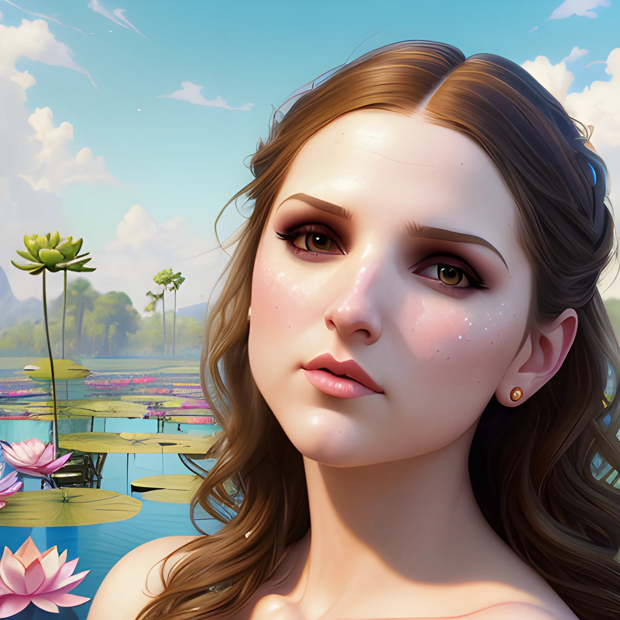 Rachel Leigh Cook / Anna Kendrick face morph at a lotus pond; highly detailed beautiful face; glitter, renaissance; high contrast, pastel, sorbet, pearlescent, underwater, surreal, Unreal Engine 5; by Dan Parent, Alphonse Mucha, Artgerm, WLOP, intricately detailed, fantasy, bizarre, beautiful, Chromolithography, Soft Shading, Unreal Engine; digital painting, smooth, sharp focus, illustration, art by lisa frank, Steve Goad, Frank Frazetta, William-Adolphe Bouguereau, Unreal Engine 5, Cartoon, 3D, Oil Painting, 3D