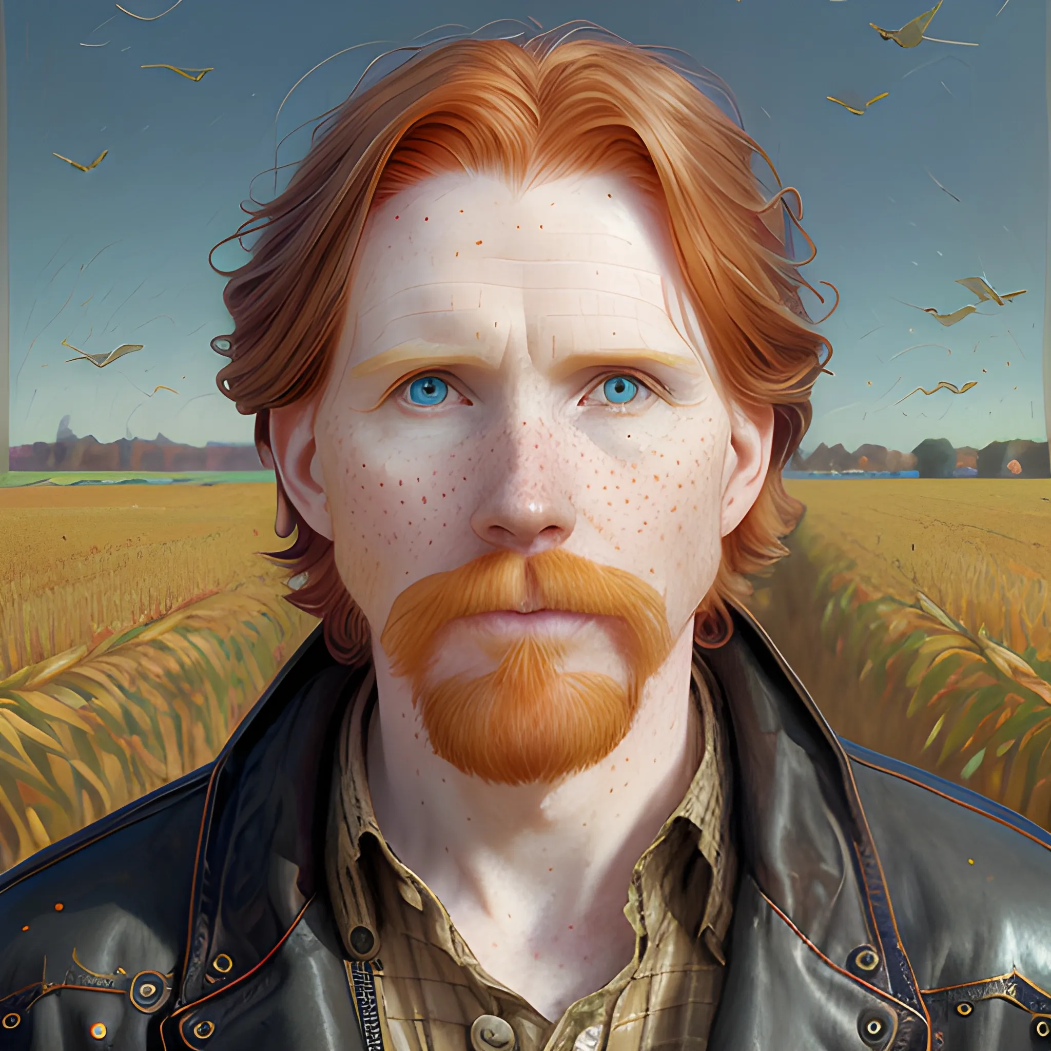 Courtney Gains, at a cornfield, highly detailed softly freckled face, dark red long feathered hair, modern American; by Lisa Frank, Daniel Gerhartz, Phil Noto art, Mucha, Manara; hyper-detailed, hyper-realistic, sharp focus; symmetrical face; textured shading, subtractive lighting, Unreal Engine