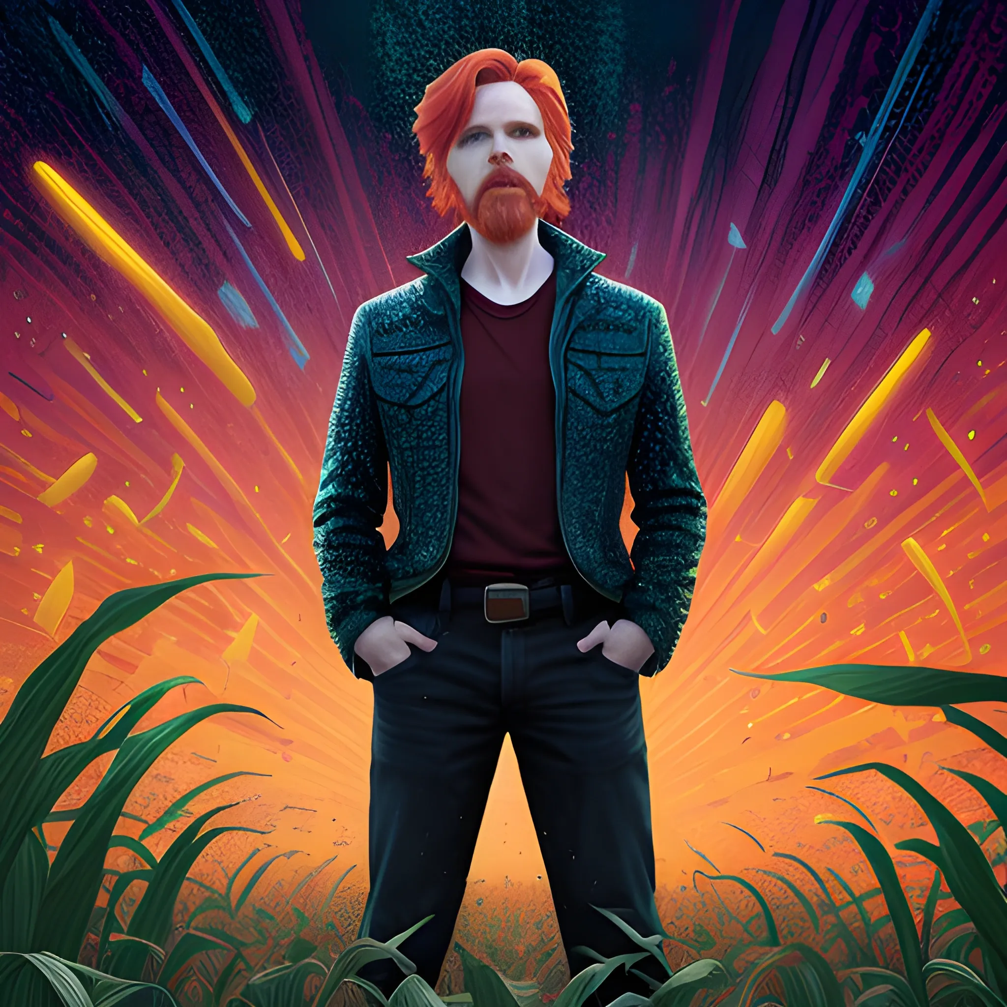 male actor Courtney Gains, his highly detailed handsome face, meticulously detailed multi-hued red hair, standing in tall corn, cornfield, nebula sky; by James R. Eads, Fausto-Giurescu, Tania Rivilis, Renata-s-art, Dan Mumford; luminous colorful sparkles, glitter, airbrush, depth of field, volumetric lighting, deep color, underground comix