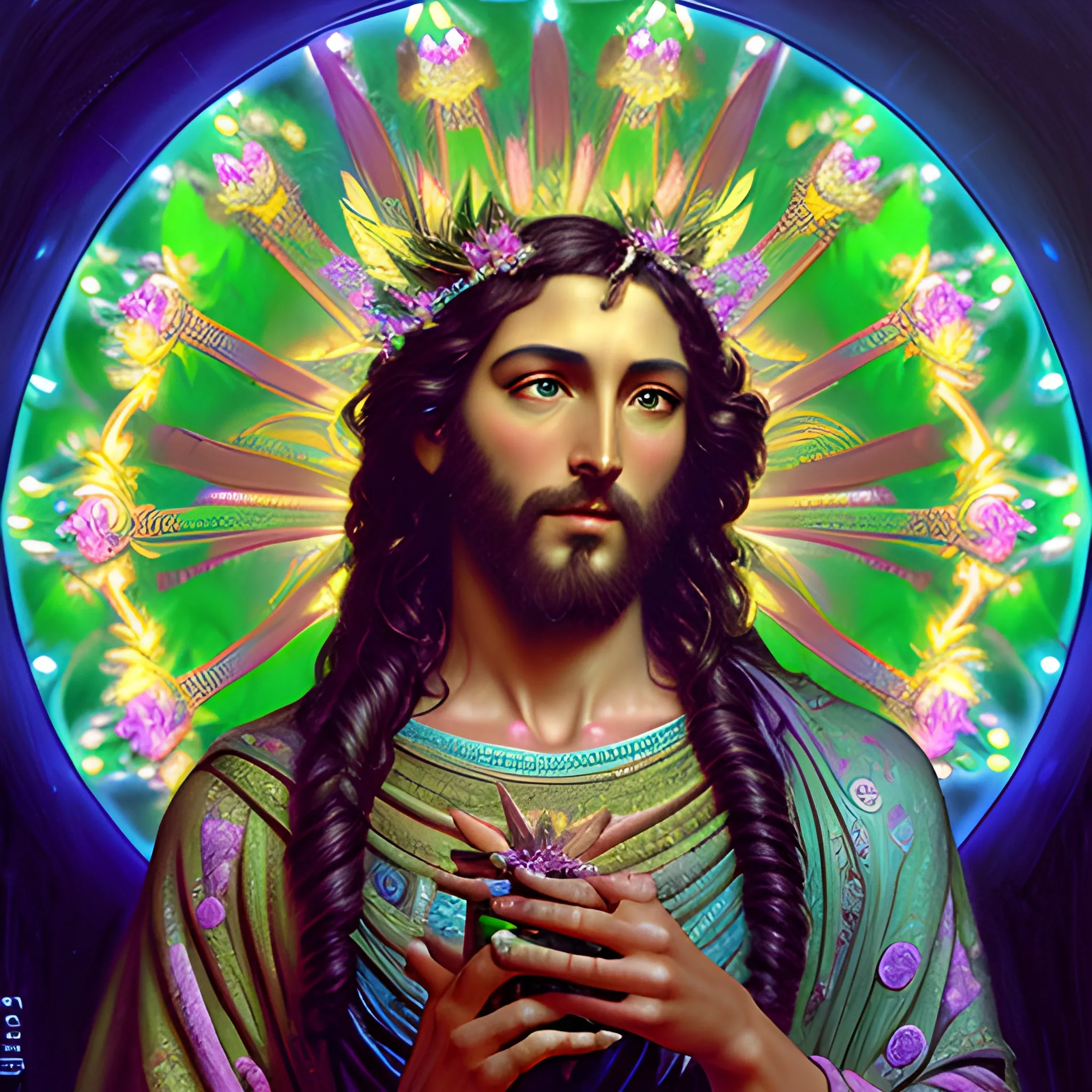 eoclassicist colorful blacklight uv highly detailed painting of Jesus as a marijuana goddess, ethereal fantasy hyperdetailed mist, maximalist matte painting, polished, realistic oil painting; old fashioned, vintage, antique; luminous color sparkles, marijuana, by gaston bussiere, craig mullins, j. c. leyendecker, norman rockwell, 3D