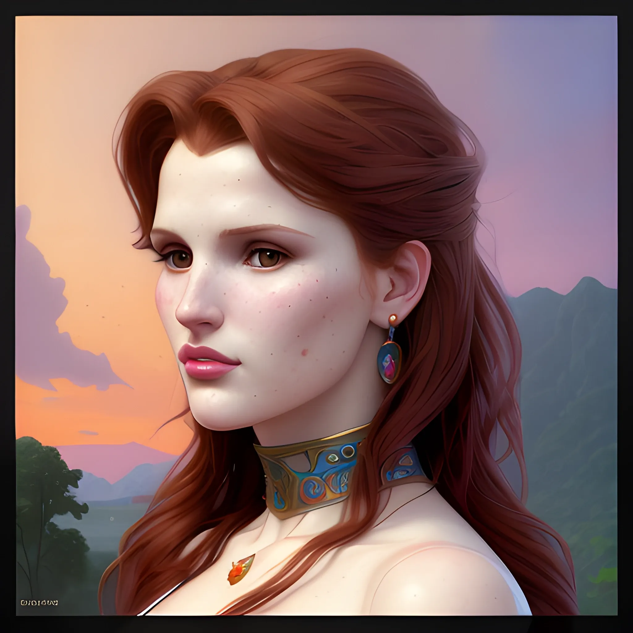 Bella Thorne / Geena Davis face morph by a river; highly detailed beautiful face, dark red hair; glitter, renaissance; high contrast, pastel, sorbet, pearlescent, Unreal Engine 5; by Dan Parent, Alphonse Mucha, Artgerm, WLOP, intricately detailed, fantasy, bizarre, beautiful, Chromolithography, Soft Shading, Unreal Engine; digital painting, smooth, sharp focus, illustration, art by lisa frank, Steve Goad, Frank Frazetta, William-Adolphe Bouguereau, Unreal Engine 5, Cartoon, 3D, Oil Painting, 3D