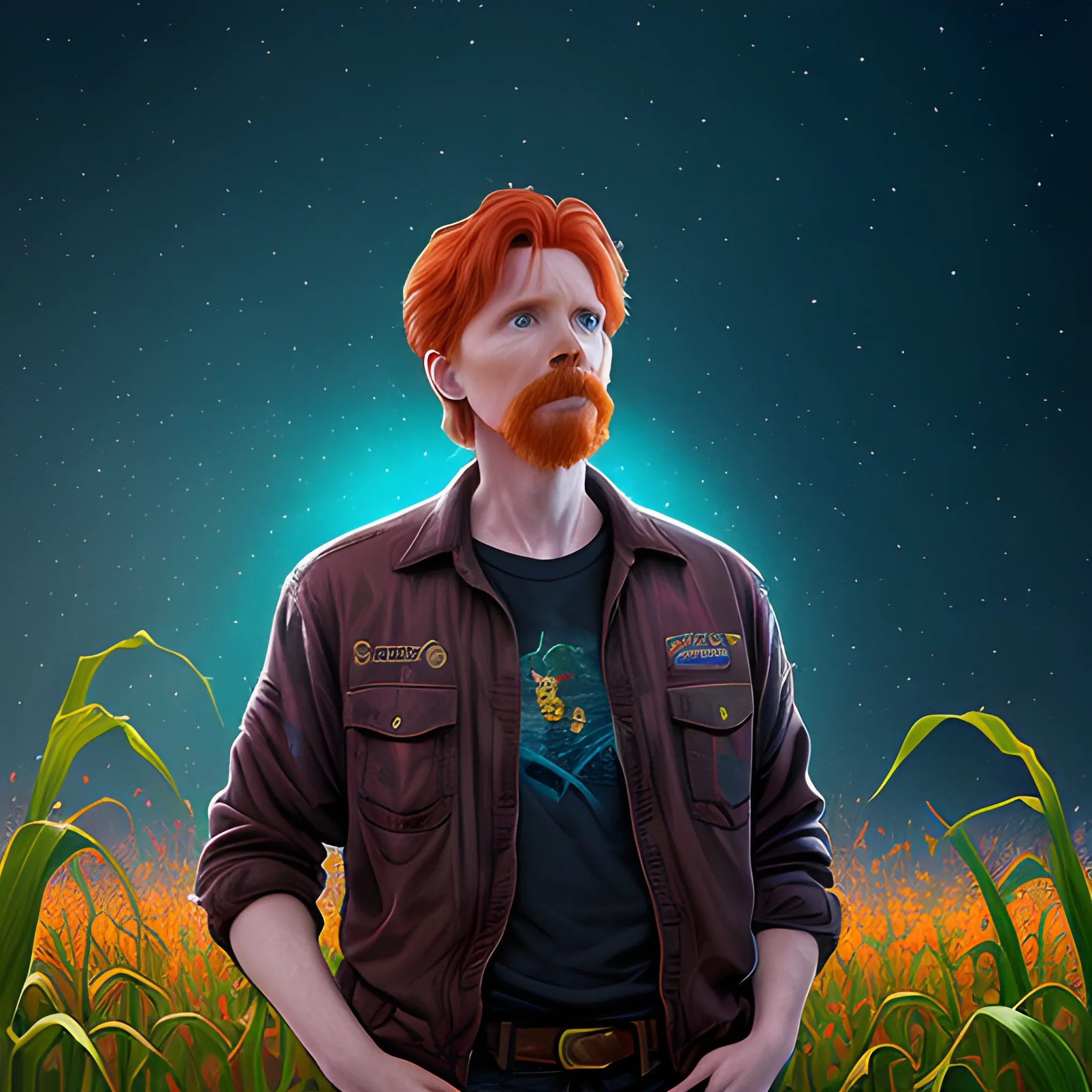 male actor Courtney Gains, his highly detailed handsome face, meticulously detailed multi-hued red hair, standing in tall corn, cornfield, nebula sky; by James R. Eads, Fausto-Giurescu, Tania Rivilis, Renata-s-art, Dan Mumford; luminous colorful sparkles, glitter, airbrush, depth of field, volumetric lighting, deep color, underground comix