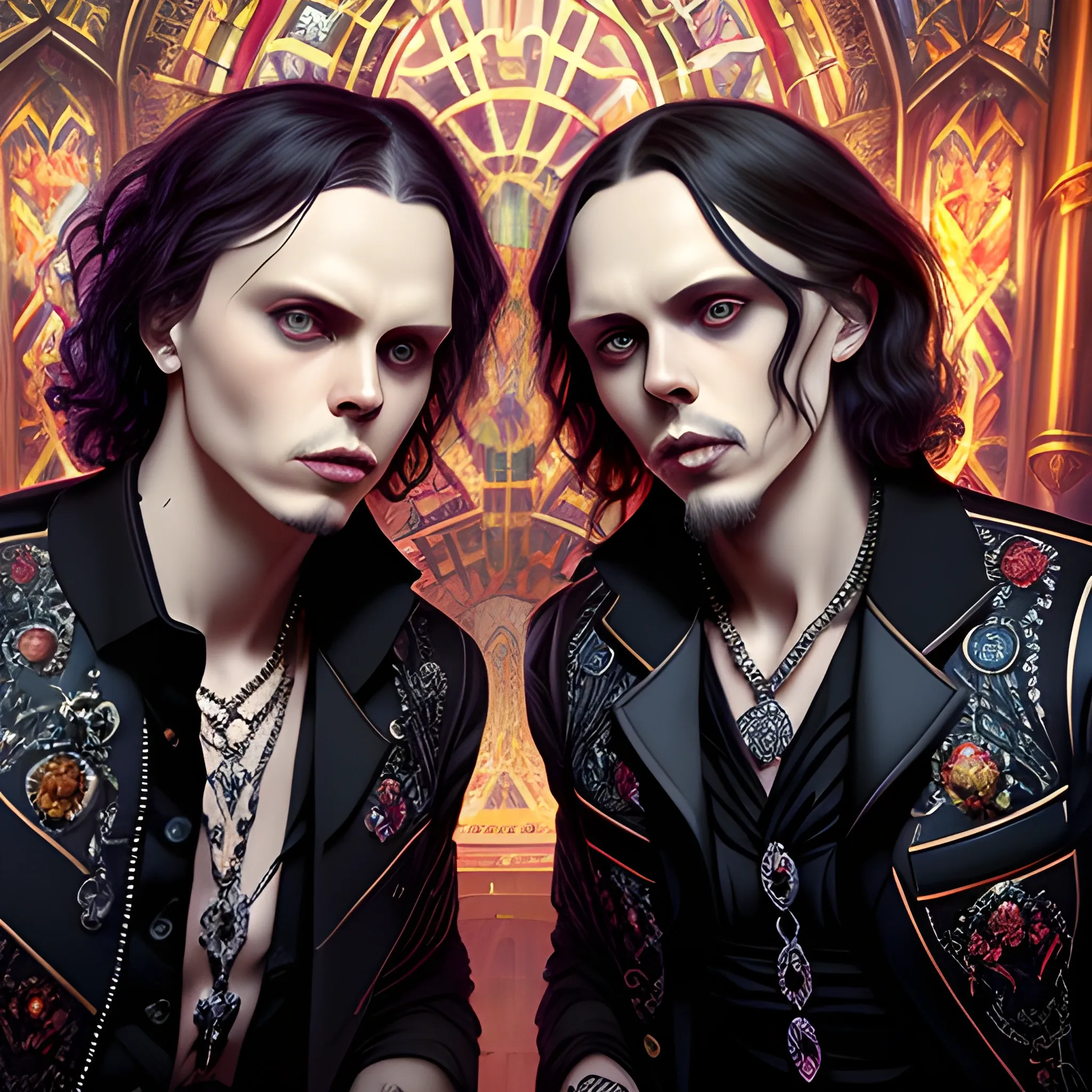 two men, Ville Valo and Tommy Cash at a gothic nightclub, highly detailed faces, modern American; by Lisa Frank, Daniel Gerhartz, Phil Noto art, Mucha, Manara; hyper-detailed, hyper-realistic, sharp focus; symmetrical face; textured shading, subtractive lighting, Unreal Engine, 3D