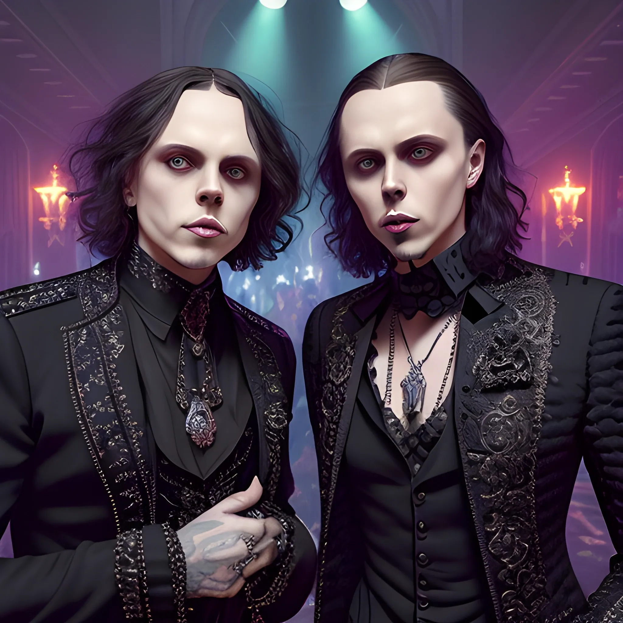 two men, Ville Valo and Tommy Cash at a gothic nightclub, highly detailed faces, modern American; by Lisa Frank, Daniel Gerhartz, Phil Noto art, Mucha, Manara; hyper-detailed, hyper-realistic, sharp focus; symmetrical face; textured shading, subtractive lighting, Unreal Engine, 3D