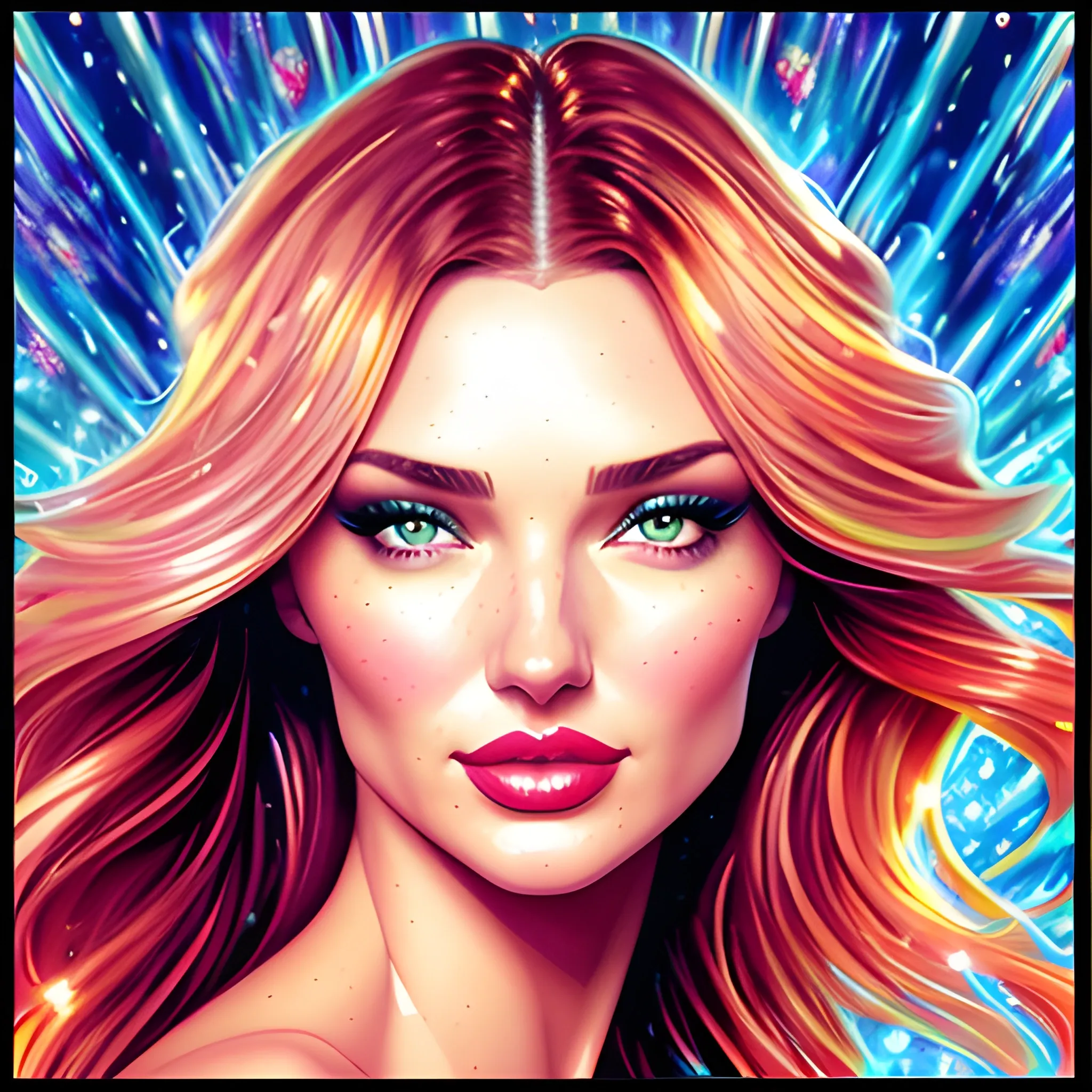 young Miranda Kerr / Candice Swanepoel / Elsa Hosk face morph, her highly detailed attractive face, meticulously detailed, multi-hued white-blond-red hair, blue-green eyes, dimple; supermodel, Victoria's Secret angel; by James R. Eads, Fausto-Giurescu, Tania Rivilis, Maxfield Parrish, Alphonse Mucha, Dan Mumford; luminous colorful sparkles, glitter, airbrush, depth of field, volumetric lighting Jason Beam art, Julie Bell art, Scott M Fischer, Neysa McMein, 3D