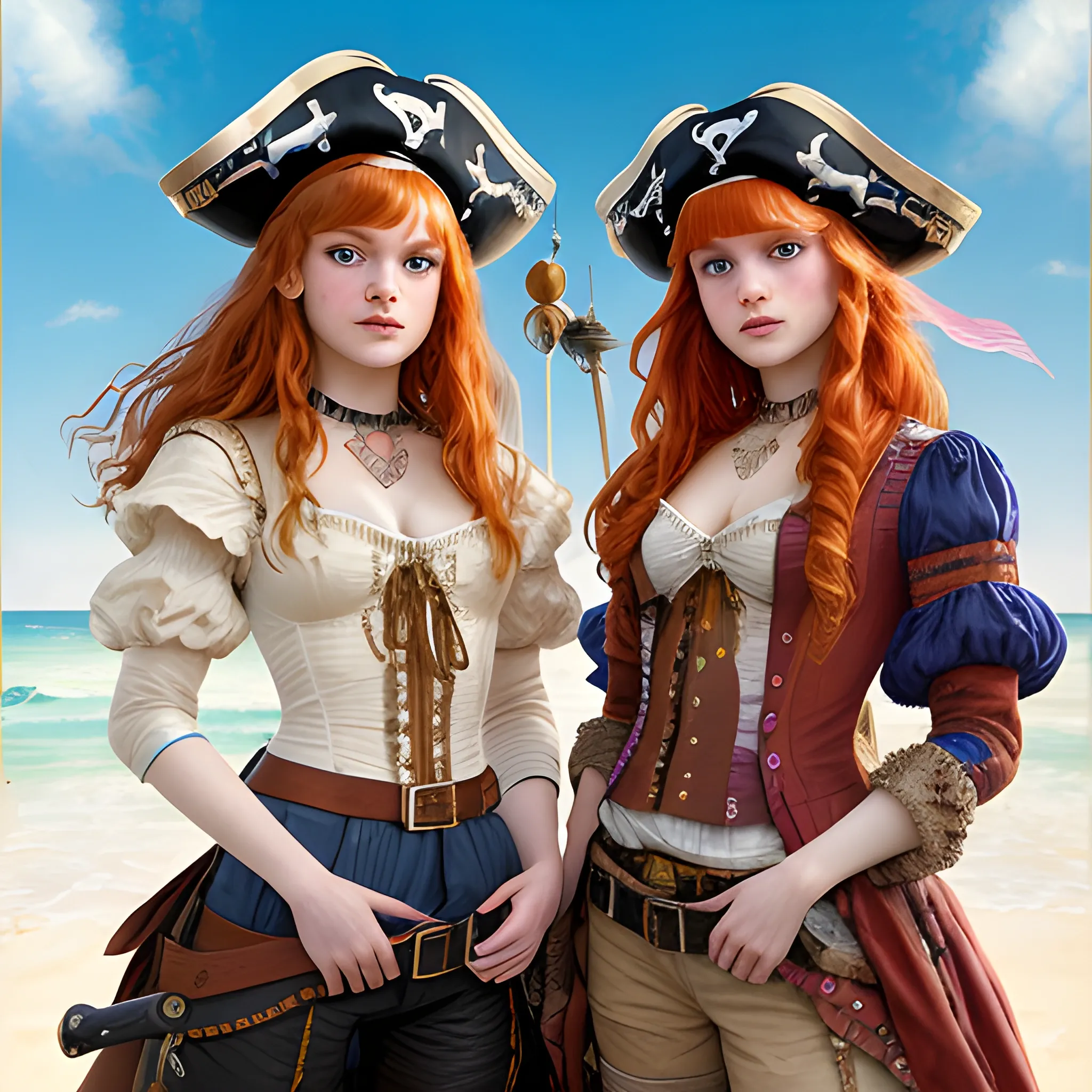 Sadie Sink and Bella Thorne doing cosplay as pirates, highly detailed faces, modern American; by Lisa Frank, Daniel Gerhartz, Phil Noto art, Mucha, Manara; hyper-detailed, hyper-realistic, sharp focus; symmetrical face; textured shading, subtractive lighting, Unreal Engine