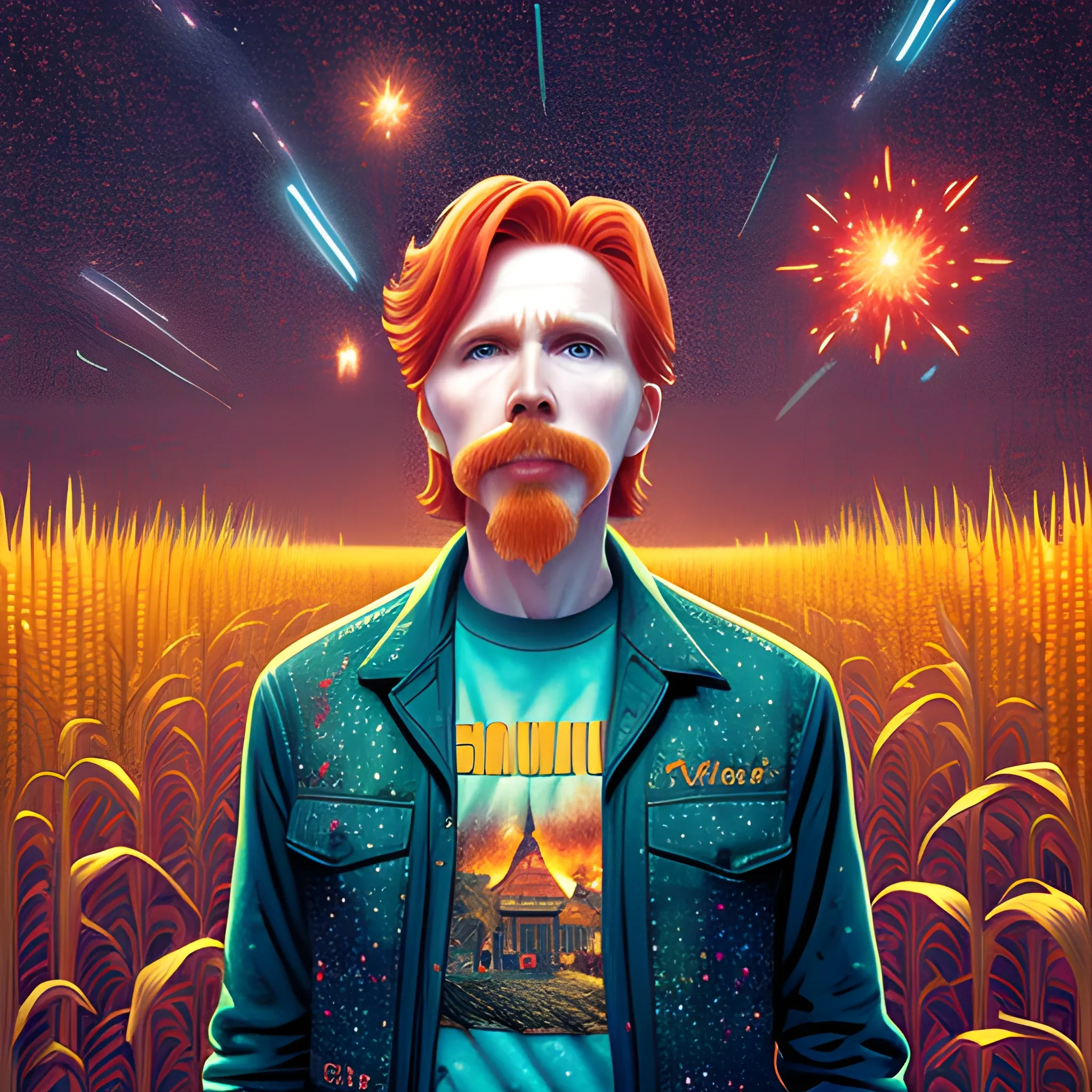 male actor Courtney Gains, his highly detailed handsome face, meticulously detailed multi-hued red hair, standing in tall corn, cornfield, nebula sky; by James R. Eads, Fausto-Giurescu, Tania Rivilis, Renata-s-art, Dan Mumford; luminous colorful sparkles, glitter, airbrush, depth of field, volumetric lighting, deep color, underground comix