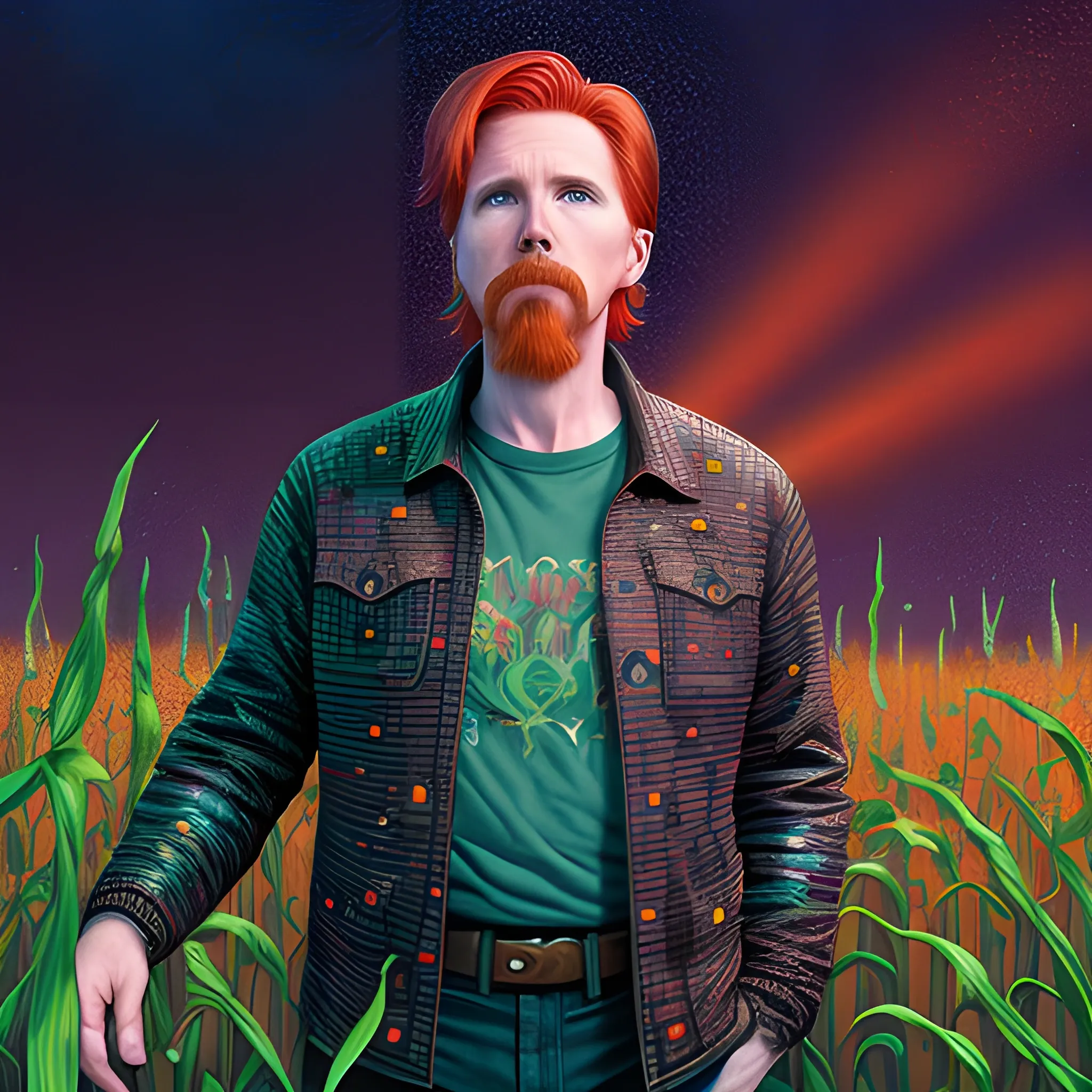 male actor Courtney Gains, his highly detailed handsome face, meticulously detailed multi-hued red hair, standing in tall corn, cornfield, nebula sky, staryy night; by James R. Eads, Fausto-Giurescu, Tania Rivilis, Renata-s-art, Dan Mumford; luminous colorful sparkles, glitter, airbrush, depth of field, volumetric lighting, deep color, underground comix