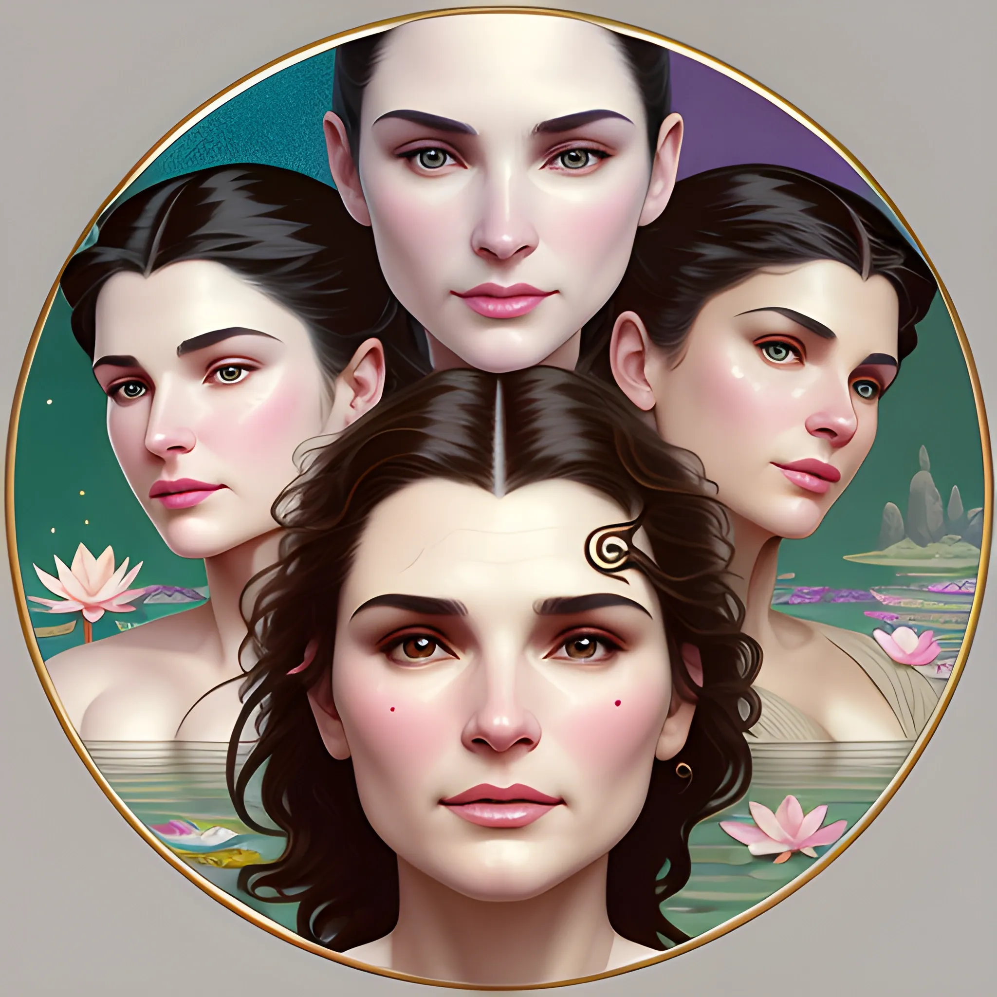 Julia Ormond / Rachel Weisz face morph at a lotus pond; highly detailed beautiful face; glitter, renaissance; high contrast, pastel, sorbet, pearlescent, underwater, surreal, Unreal Engine 5; by Dan Parent, Alphonse Mucha, Artgerm, WLOP, intricately detailed, fantasy, bizarre, beautiful, Chromolithography, Soft Shading, Unreal Engine; digital painting, smooth, sharp focus, illustration, art by lisa frank, Steve Goad, Frank Frazetta, William-Adolphe Bouguereau, Unreal Engine 5, Cartoon, 3D, Oil Painting, 3D