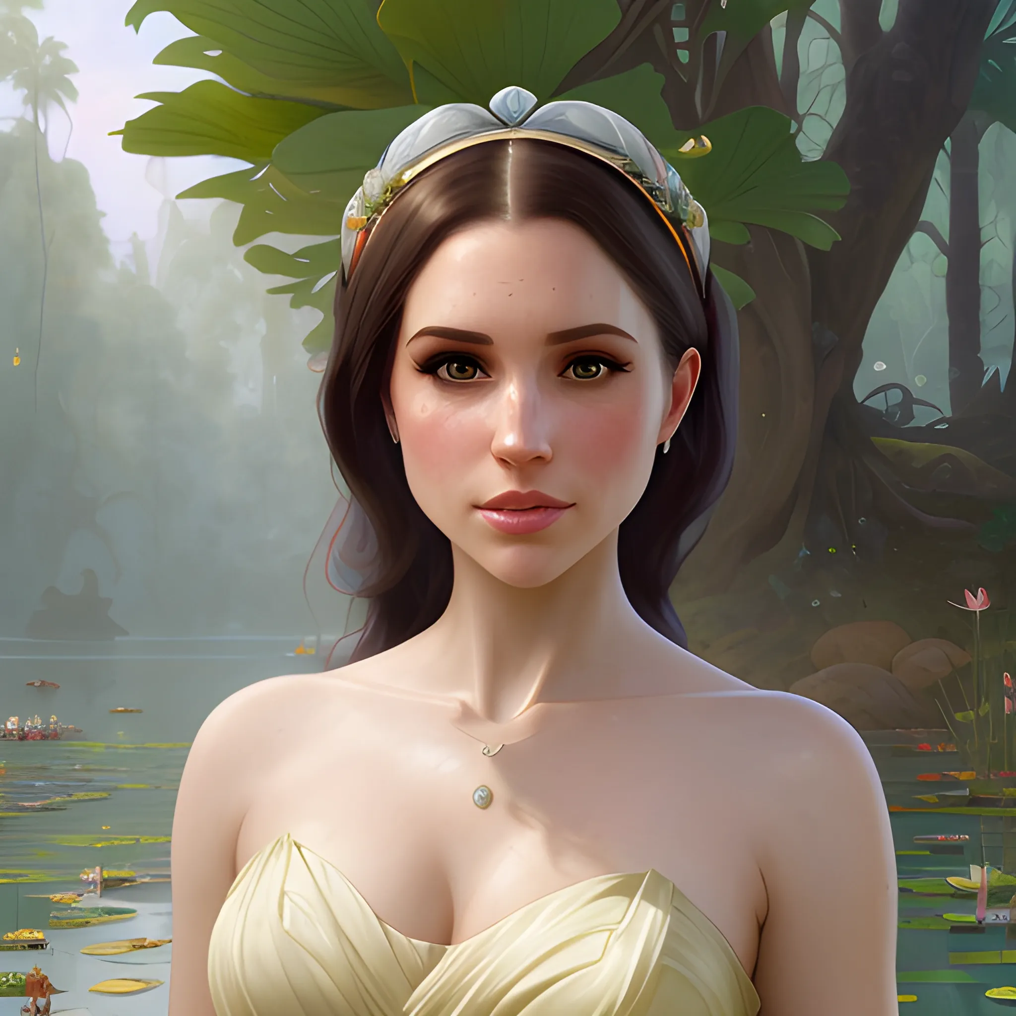 Meghan Markle / Anna Kendrick face morph at a lotus pond; highly detailed beautiful face; glitter, renaissance; high contrast, pastel, sorbet, pearlescent, underwater, surreal, Unreal Engine 5; by Dan Parent, Alphonse Mucha, Artgerm, WLOP, intricately detailed, fantasy, bizarre, beautiful, Chromolithography, Soft Shading, Unreal Engine; digital painting, smooth, sharp focus, illustration, art by lisa frank, Steve Goad, Frank Frazetta, William-Adolphe Bouguereau, Unreal Engine 5, Cartoon, 3D, Oil Painting, 3D