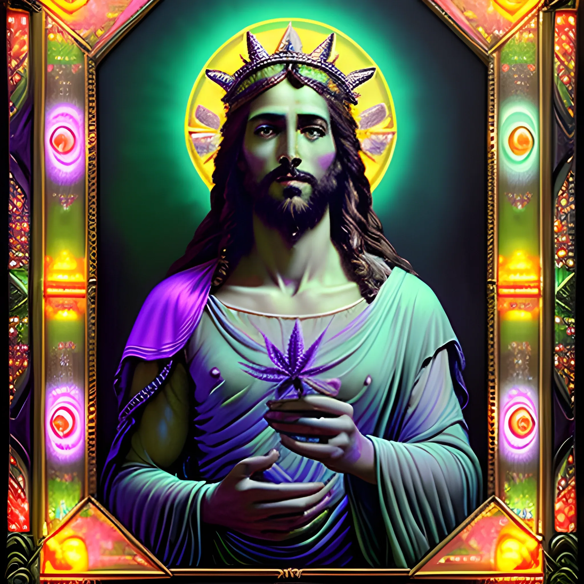 eoclassicist colorful blacklight uv highly detailed painting of Jesus as a marijuana goddess, ethereal fantasy hyperdetailed mist, maximalist matte painting, polished, realistic oil painting; old fashioned, vintage, antique; luminous color sparkles, marijuana, by gaston bussiere, craig mullins, j. c. leyendecker, norman rockwell, 3D