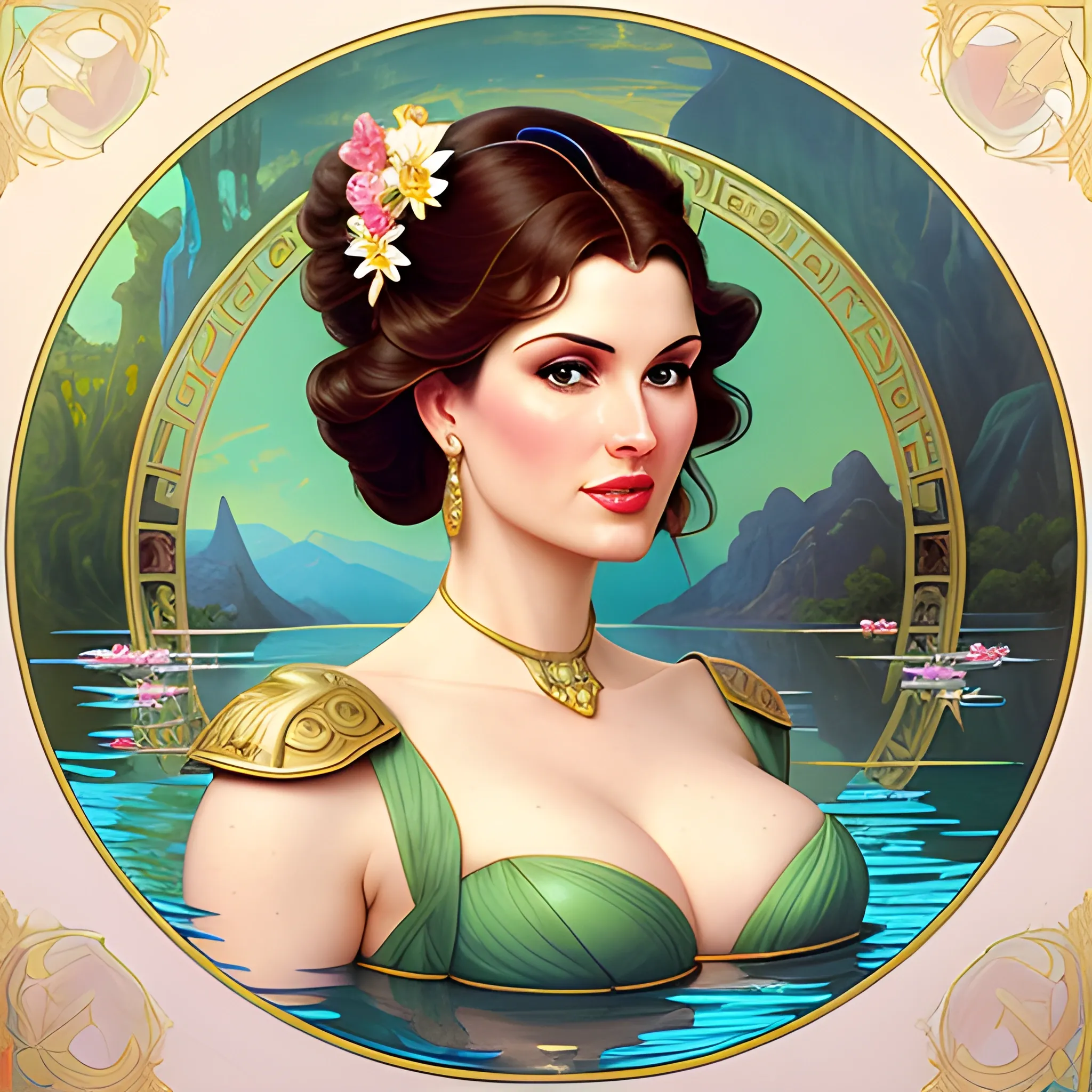 young Geena Davis at a lotus pond; highly detailed beautiful face; glitter, renaissance; high contrast, pastel, sorbet, pearlescent, underwater, surreal, Unreal Engine 5; by Dan Parent, Alphonse Mucha, Artgerm, WLOP, intricately detailed, fantasy, bizarre, beautiful, Chromolithography, Soft Shading, Unreal Engine; digital painting, smooth, sharp focus, illustration, art by lisa frank, Steve Goad, Frank Frazetta, William-Adolphe Bouguereau, Unreal Engine 5, Cartoon, 3D, Oil Painting, 3D