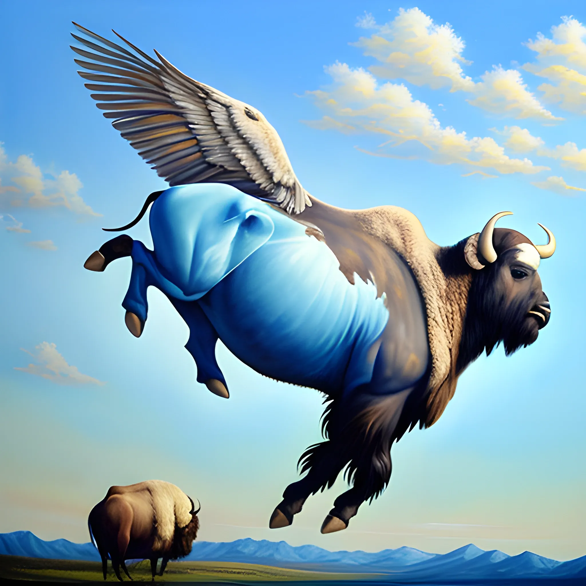 Oil Painting flying buffalo in the light blue sky 