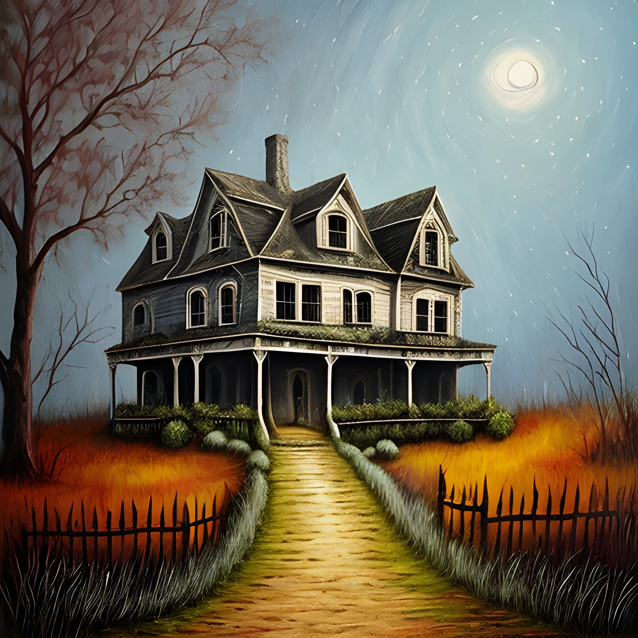 a painting a a haunted house  in the dence hill top