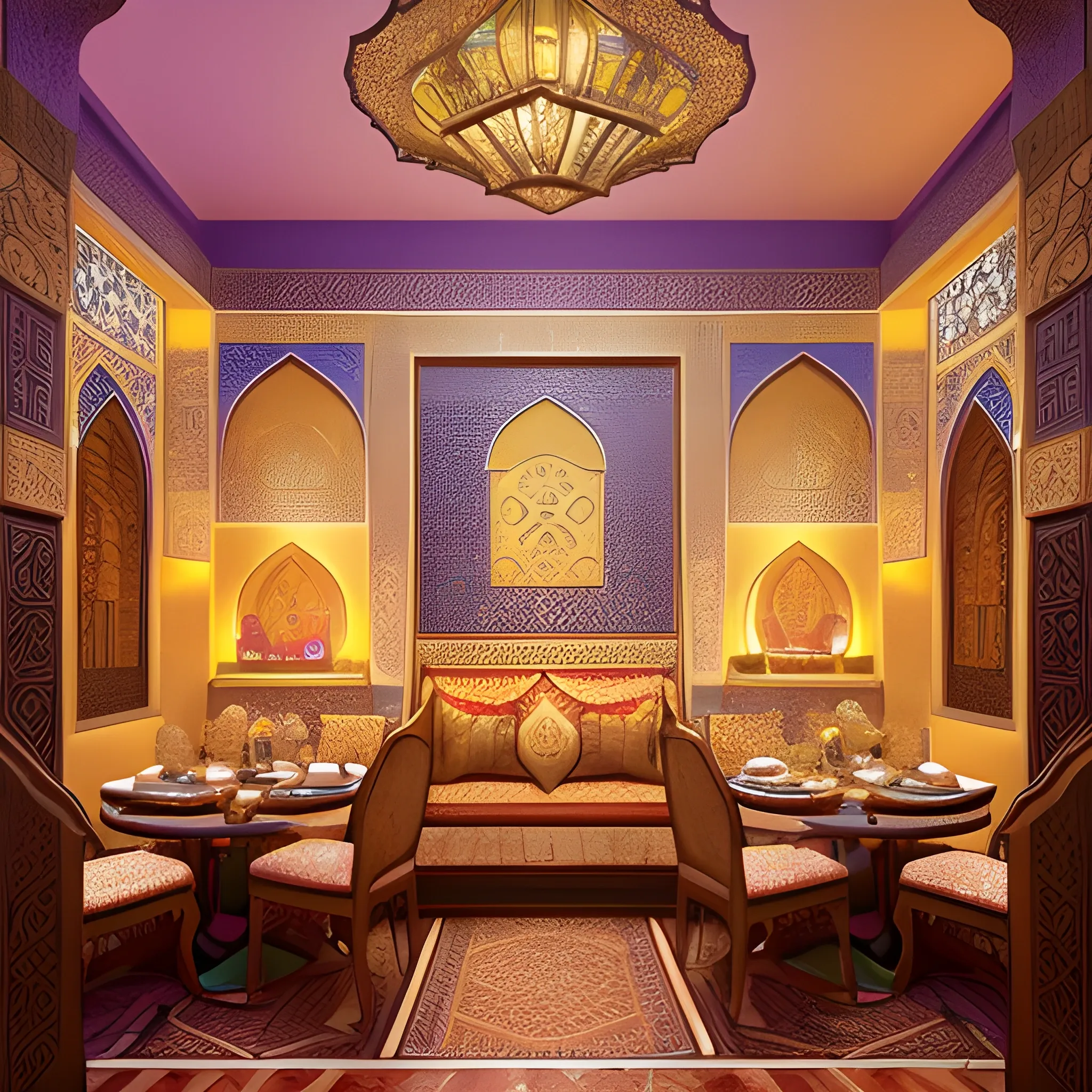 In the three-dimensional background of the image, one is immersed in a world of culinary artistry. The scene is adorned with intricate details of food preparation and dessert-making. Illuminated by angelic lighting, the setting exudes an ethereal aura. The colors seamlessly blend, creating a harmonious and inviting ambiance.

This captivating background seamlessly weaves Moroccan and Eastern ornamental patterns, reflecting a rich tapestry of cultural influences. The Moroccan motifs intertwine with Eastern designs, creating a visual feast for the eyes. The interplay of light and shadow accentuates the textures and patterns, enhancing the overall enchantment of the scene. It's a captivating fusion of culinary creativity and artistic design, providing a captivating backdrop for the culinary delights being prepared., 3D