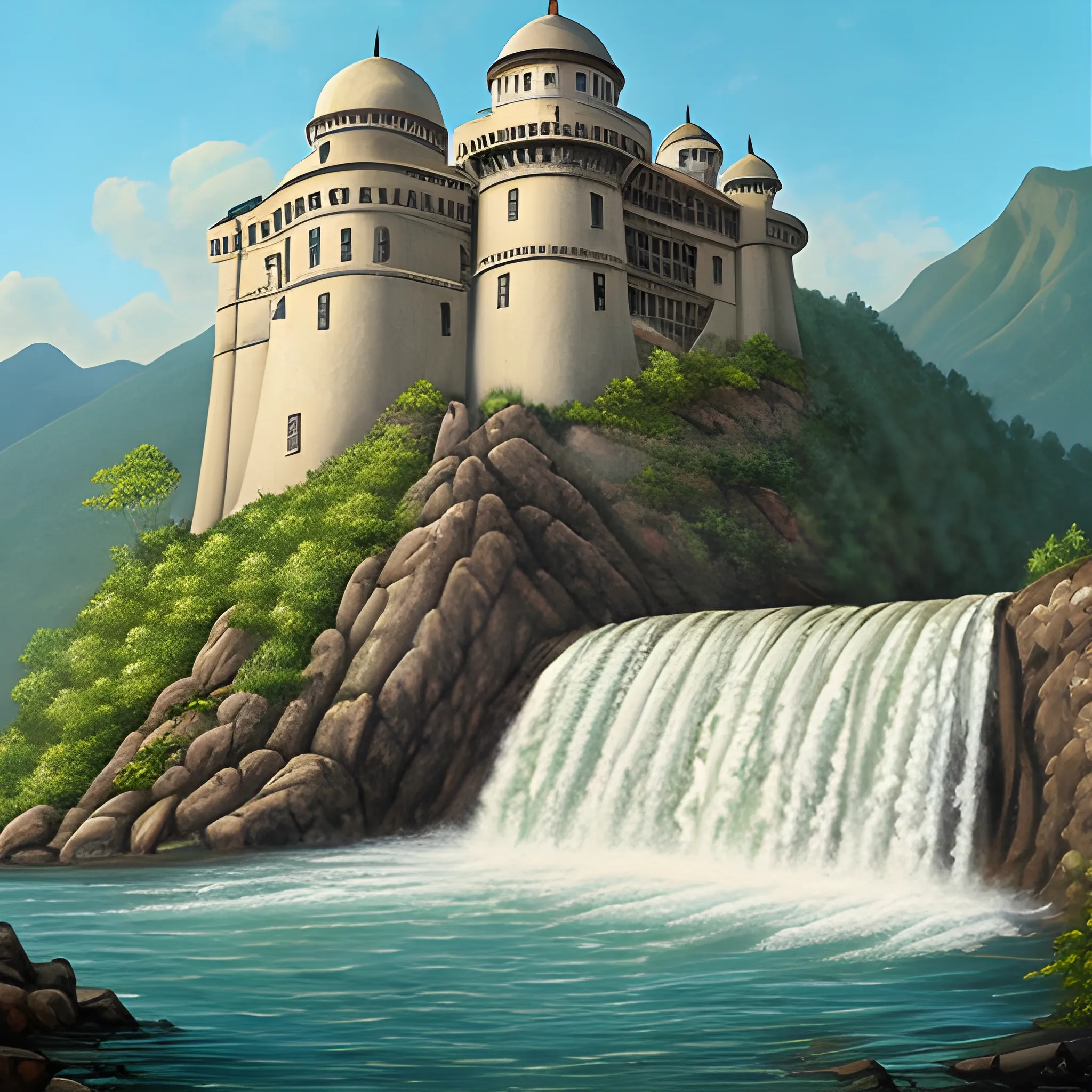 Painting of a huge old style fort located over a mountain near a waterfall. 