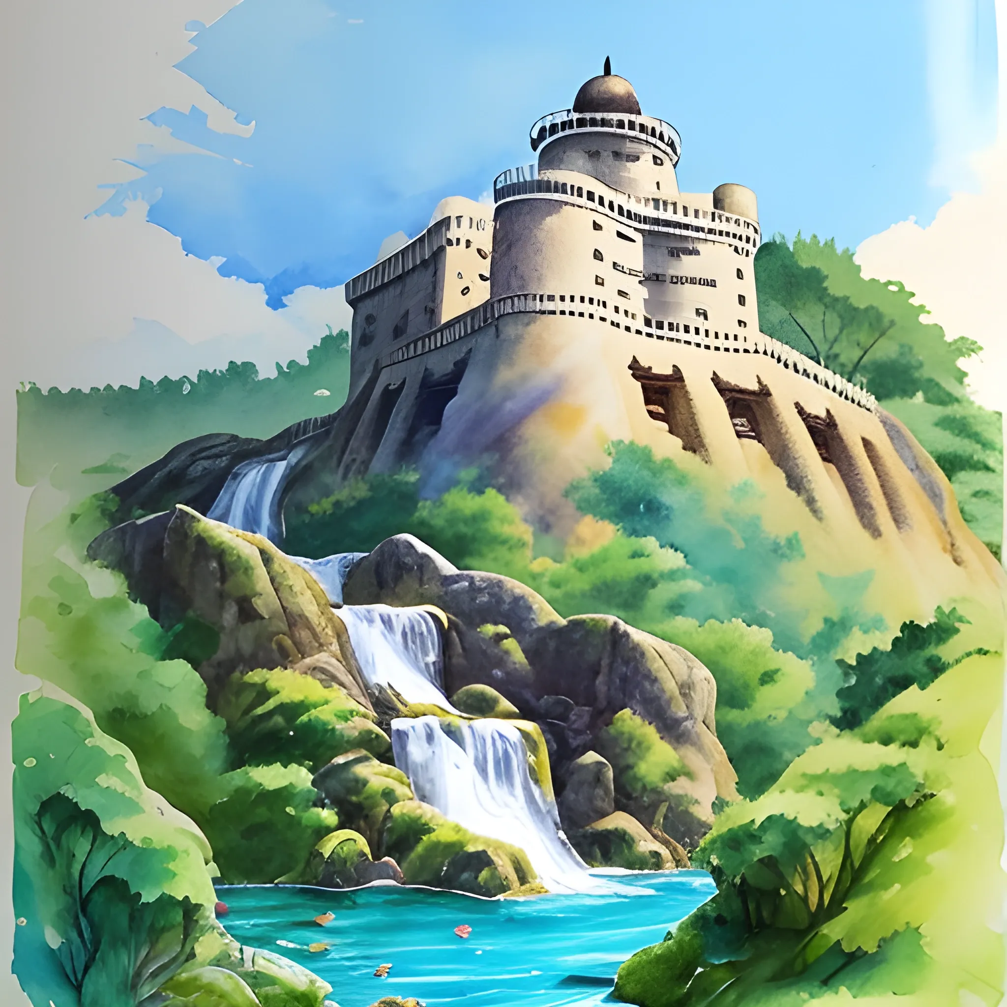 Painting of a huge old style fort located over a mountain near a waterfall. , Water Color