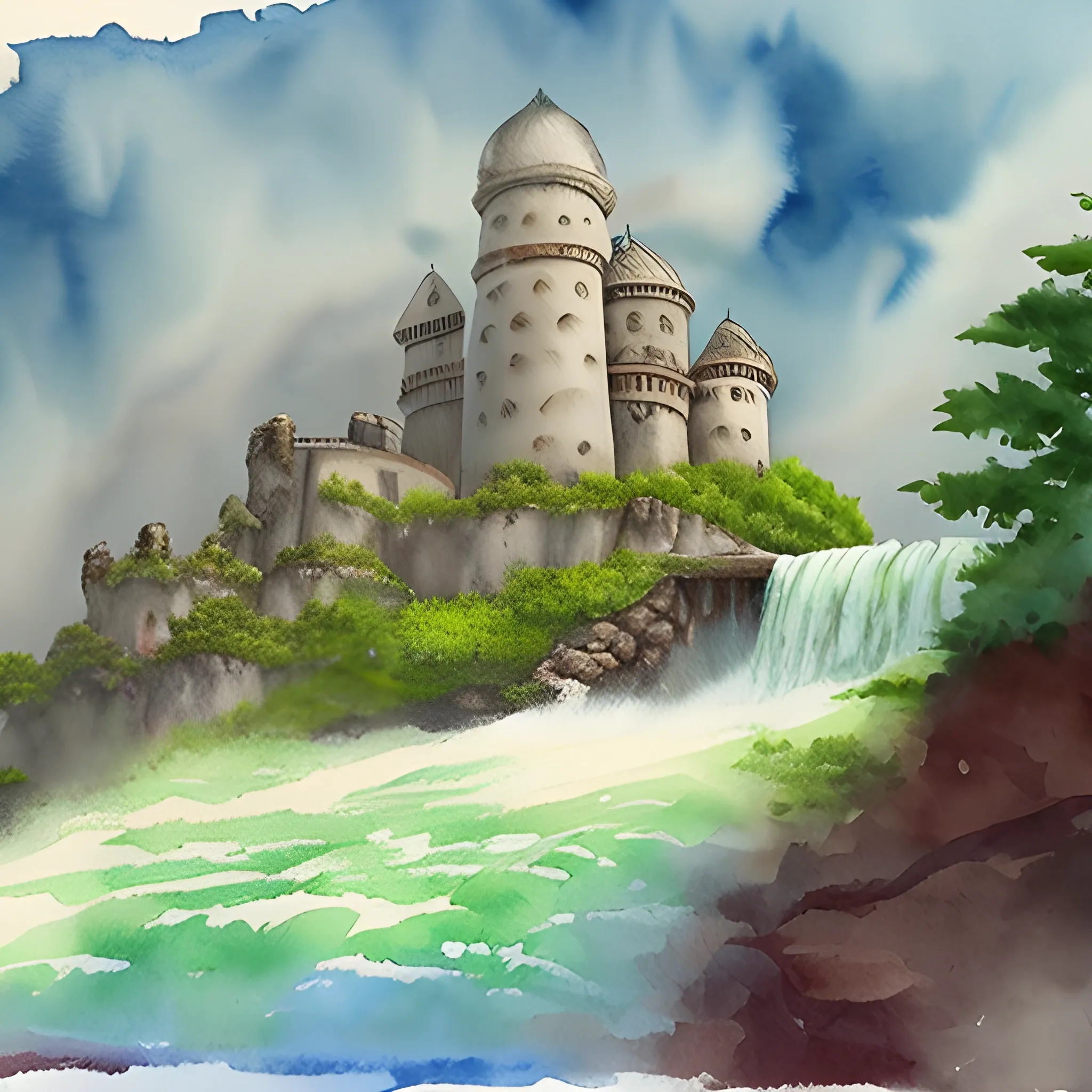 Painting of a huge old style  creepy fort located over a mountain near a waterfall. , Water Color