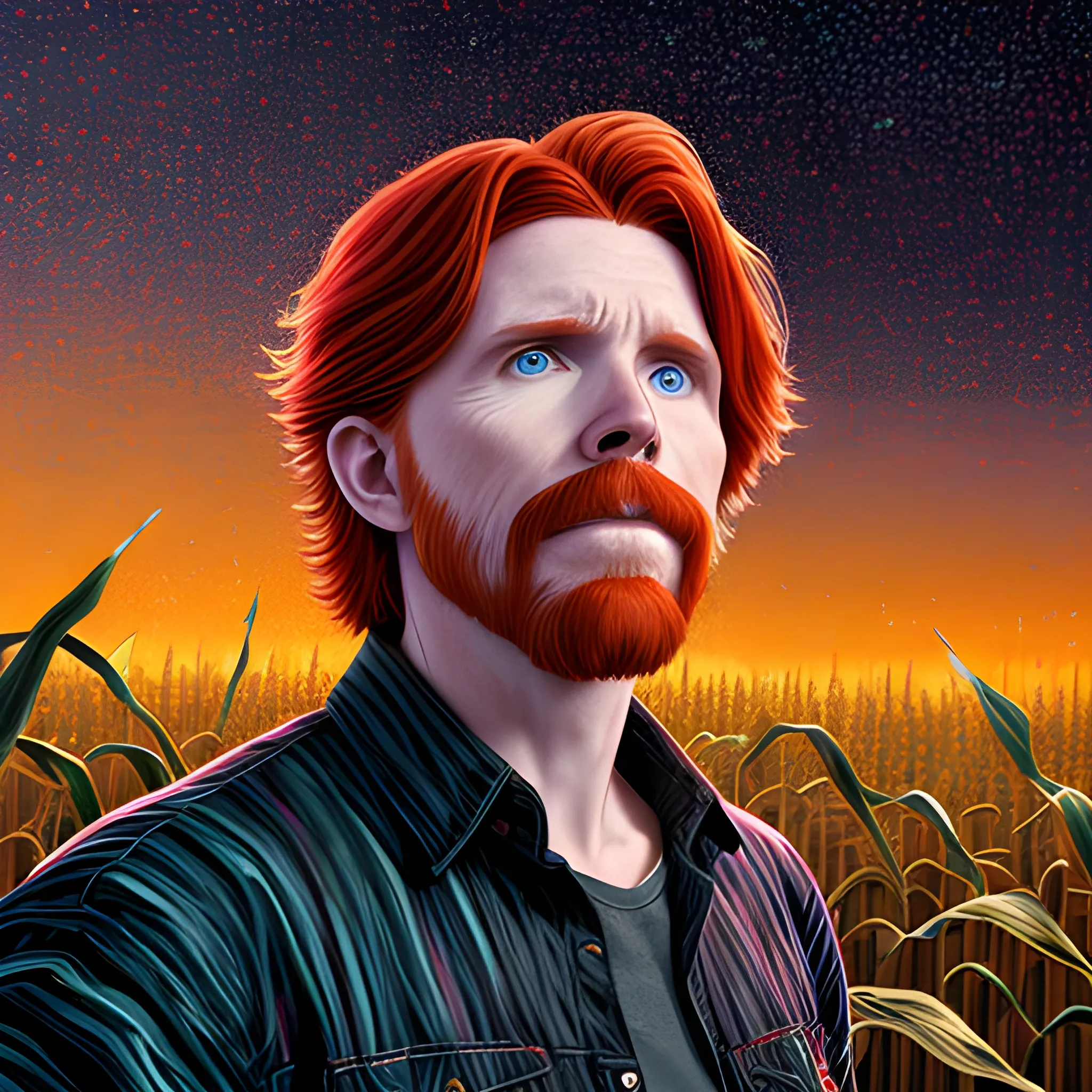 male actor Courtney Gains, his highly detailed handsome face, meticulously detailed multi-hued red hair, standing in tall corn, cornfield, nebula sky, staryy night; by James R. Eads, Fausto-Giurescu, Tania Rivilis, Renata-s-art, Dan Mumford; luminous colorful sparkles, glitter, airbrush, depth of field, volumetric lighting, deep color, underground comix