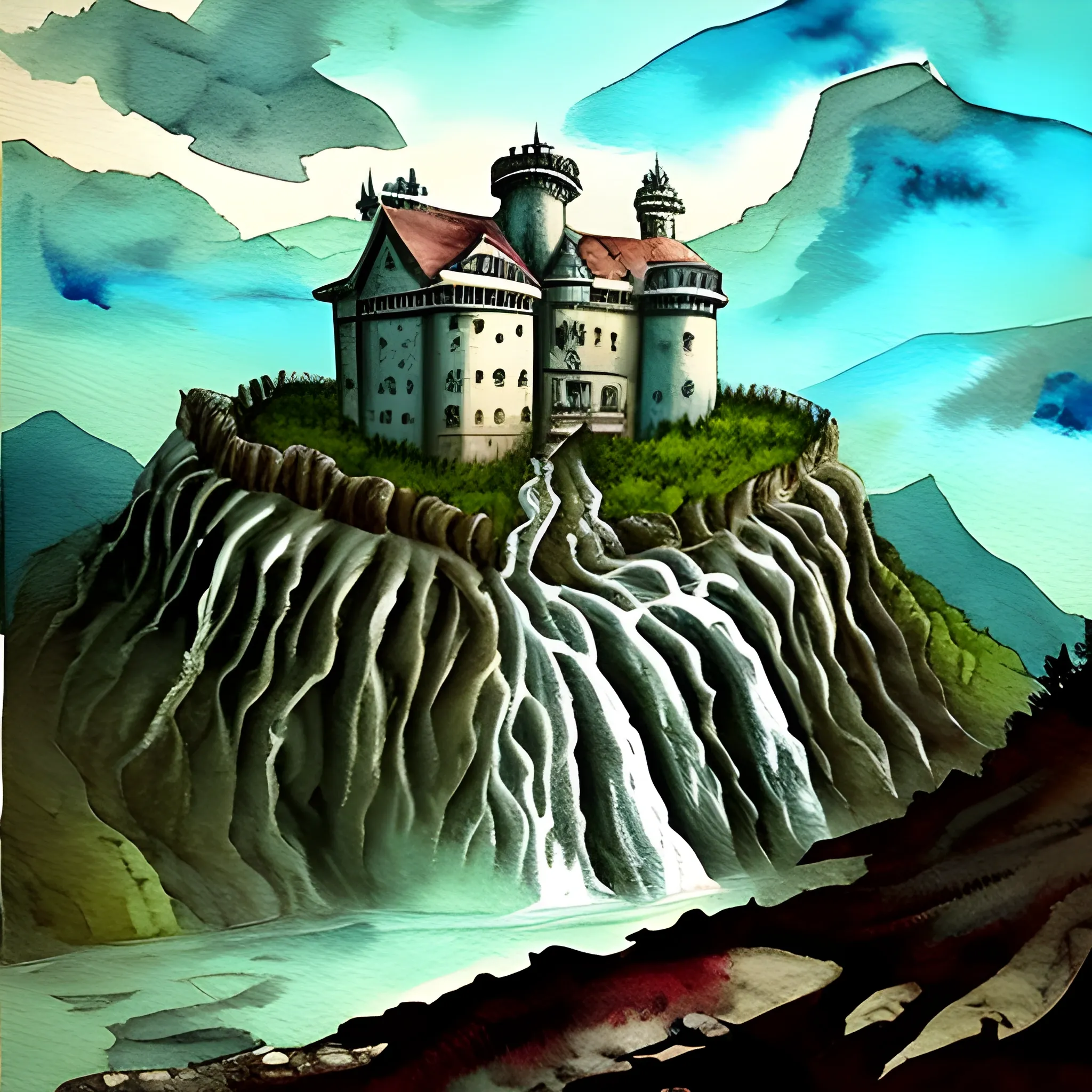 Horror Painting of a huge old style  scary fort located over a mountain near a waterfall. , Water Color