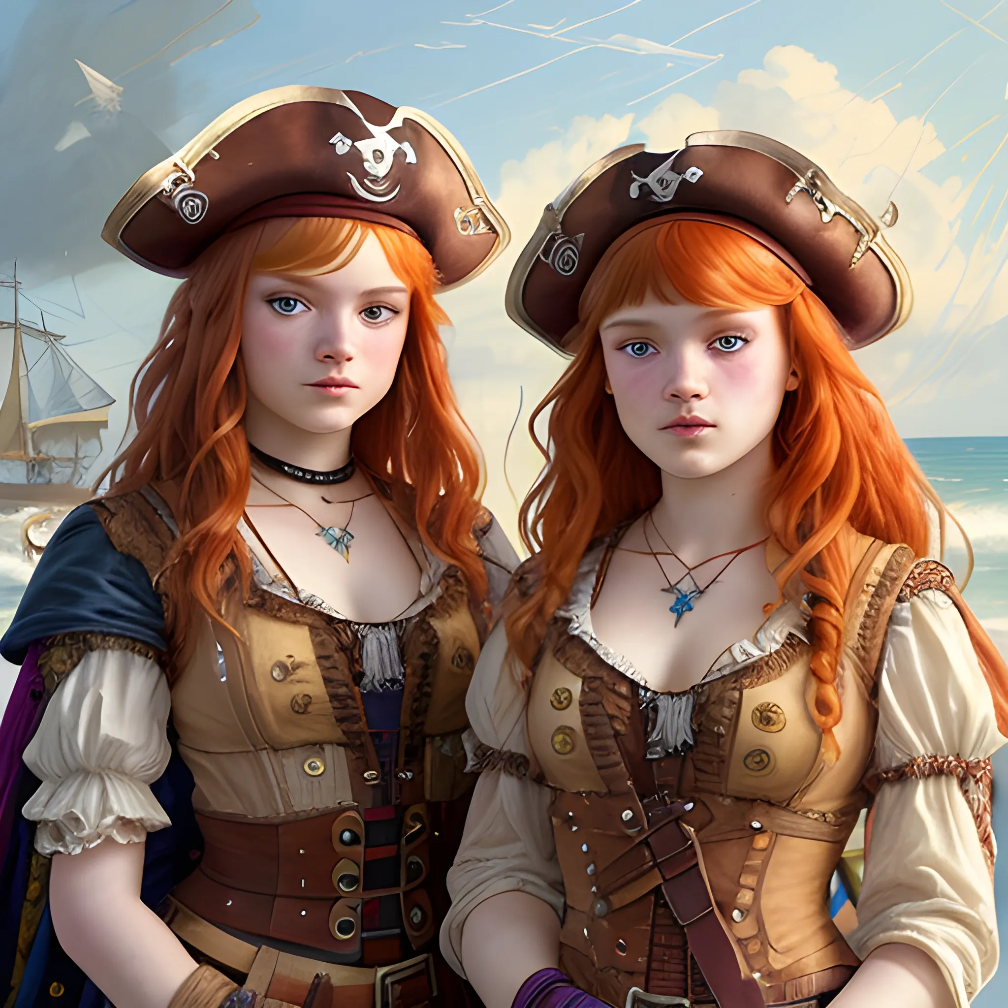 Sadie Sink and Bella Thorne doing cosplay as pirates, highly detailed faces, modern American; by Lisa Frank, Daniel Gerhartz, Phil Noto art, Mucha, Manara; hyper-detailed, hyper-realistic, sharp focus; symmetrical face; textured shading, subtractive lighting, Unreal Engine