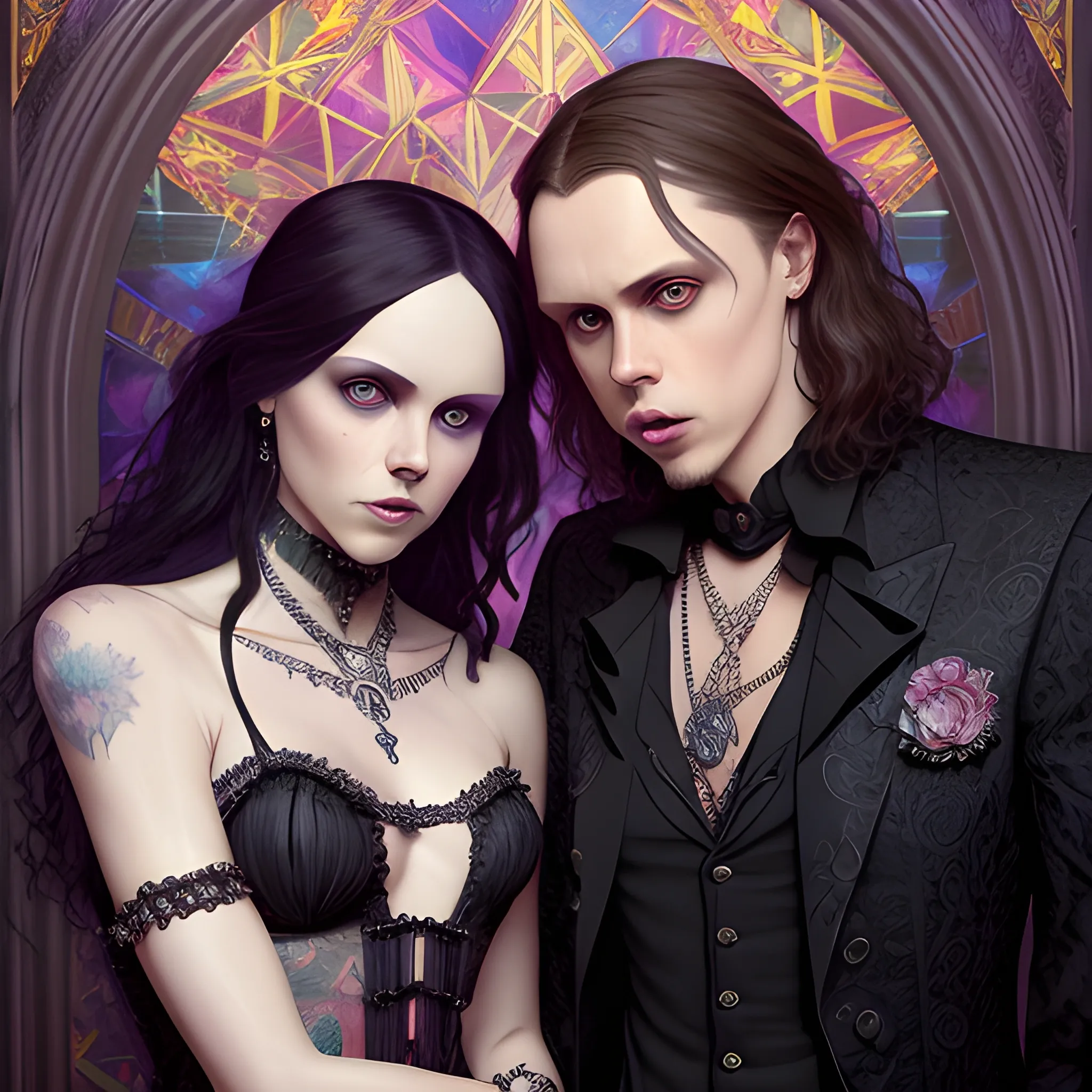 two men, Ville Valo and Tommy Cash at a gothic nightclub, highly detailed faces, modern American; by Lisa Frank, Daniel Gerhartz, Phil Noto art, Mucha, Manara; hyper-detailed, hyper-realistic, sharp focus; symmetrical face; textured shading, subtractive lighting, Unreal Engine, 3D