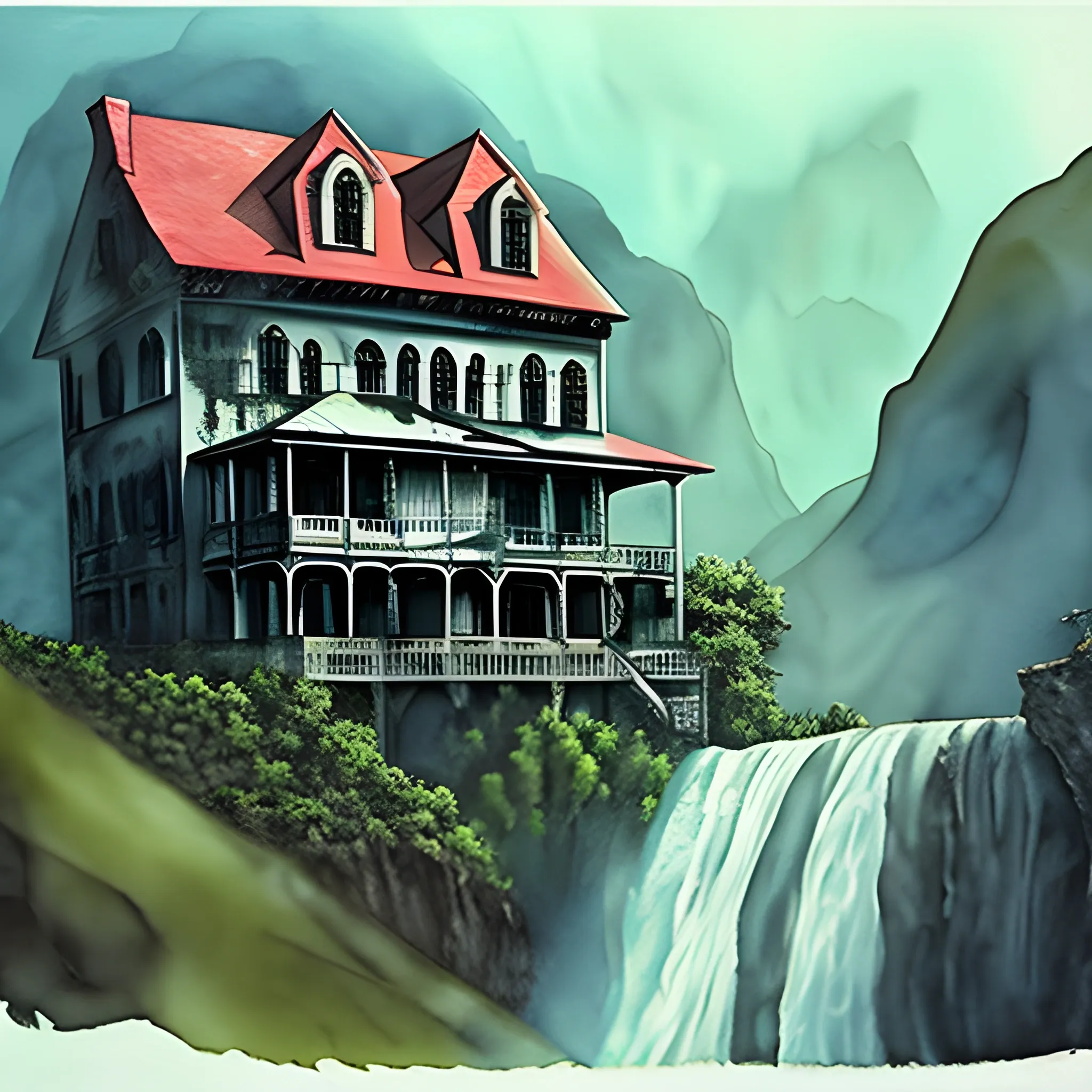 Horror Painting of a huge old style  scary house located over a mountain near a waterfall. , Water Color