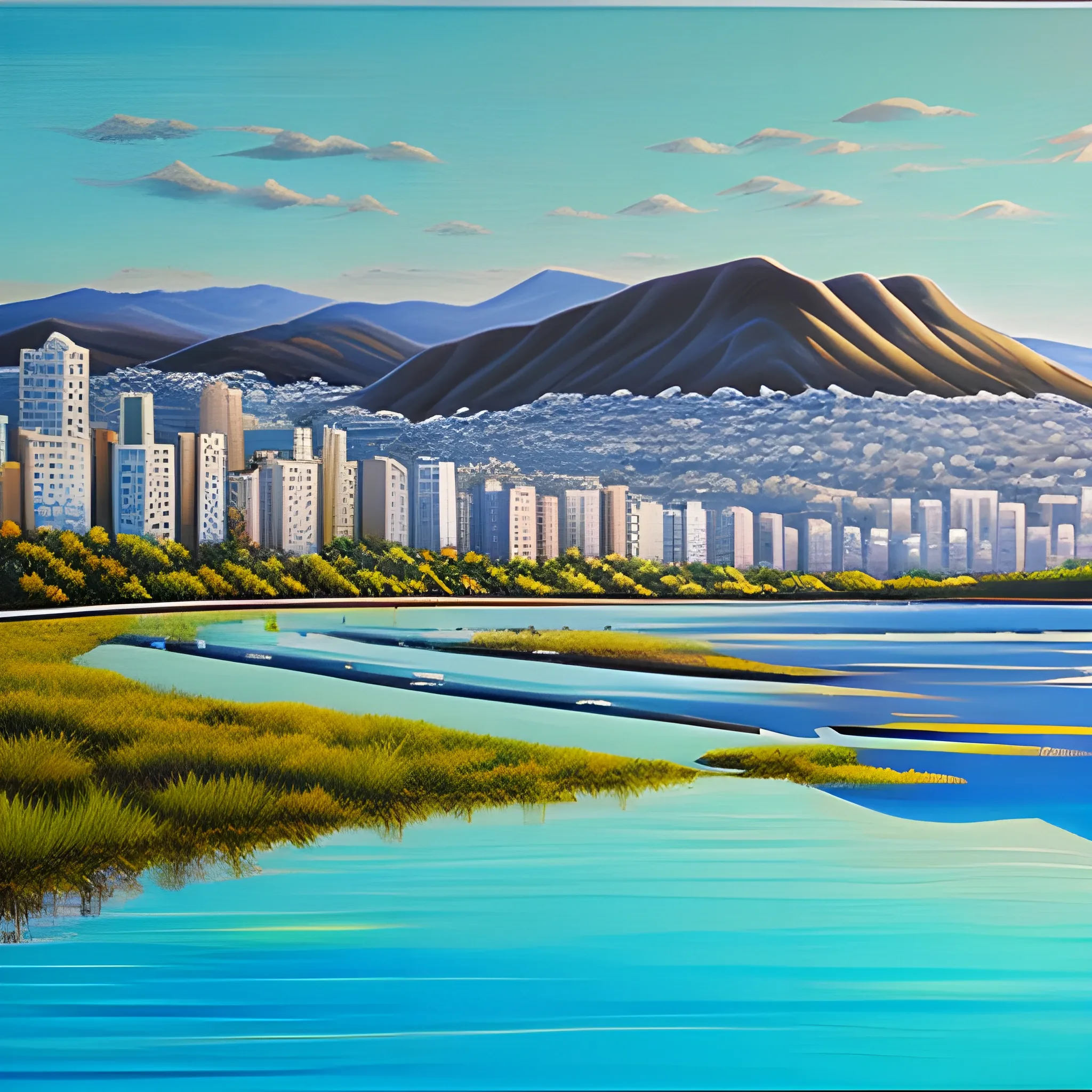 A small town located on the edge of a city, surrounded by clear water, with the city's silhouette reflected on the water surface,  Oil Painting