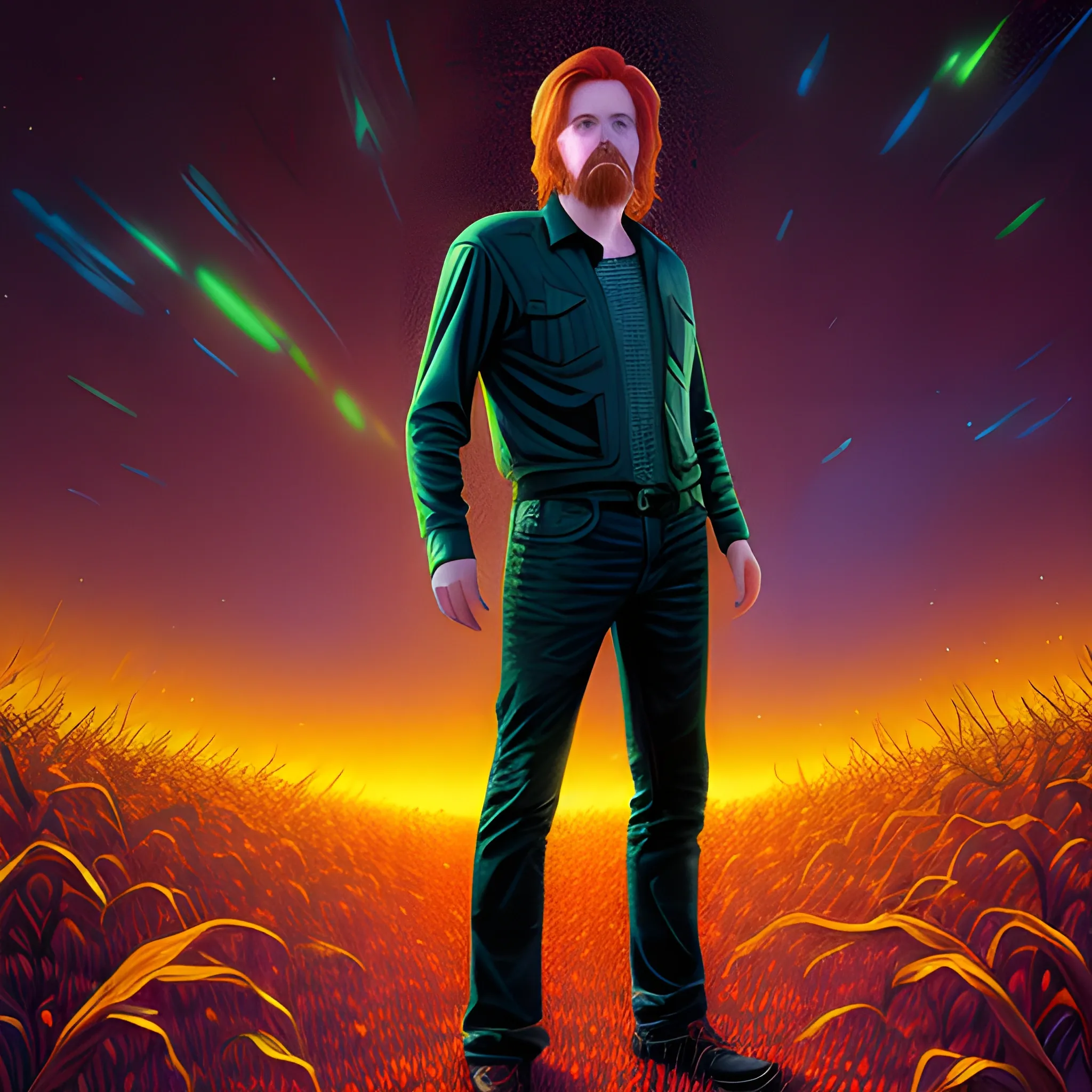 male actor Courtney Gains, his highly detailed handsome face, meticulously detailed multi-hued red hair, standing in tall corn, cornfield, nebula sky; by James R. Eads, Fausto-Giurescu, Tania Rivilis, Renata-s-art, Dan Mumford; luminous colorful sparkles, glitter, airbrush, depth of field, volumetric lighting, deep color, underground comix