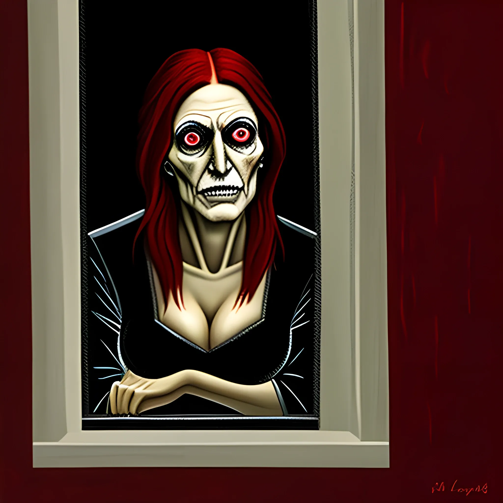 Horror Painting of a girl looking out from a window.