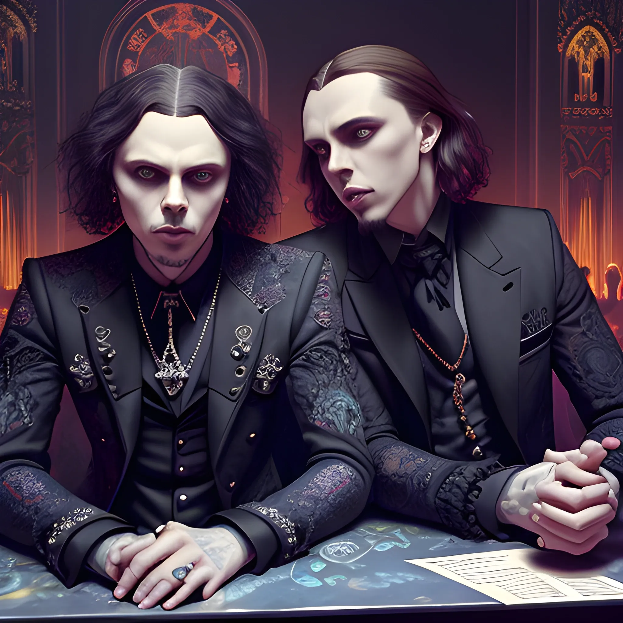 two men, Ville Valo and Tommy Cash at a gothic nightclub, highly detailed faces, modern American; by Lisa Frank, Daniel Gerhartz, Phil Noto art, Mucha, Manara; hyper-detailed, hyper-realistic, sharp focus; symmetrical face; textured shading, subtractive lighting, Unreal Engine, 3D