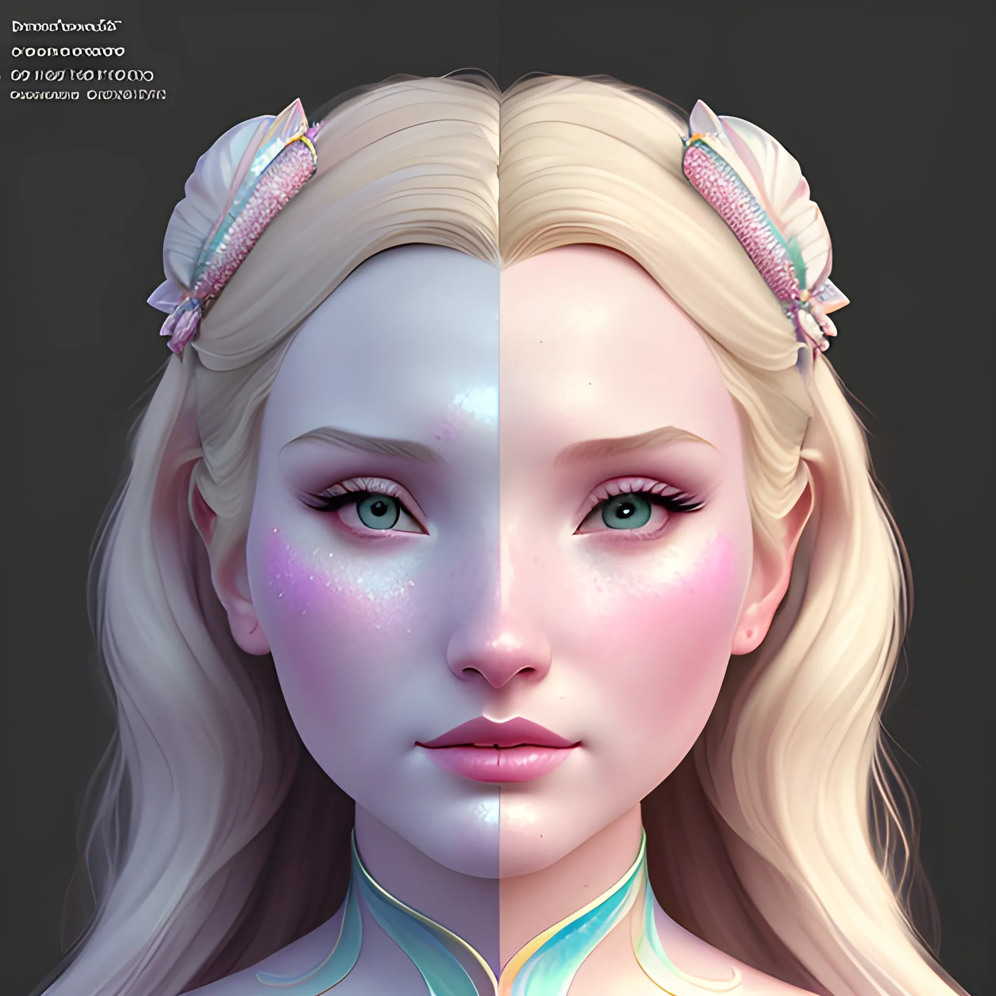 Elsa Hosk / Dove Cameron face morph at a carnival; highly detailed beautiful face; glitter, renaissance; renn fest, street fair, high contrast, cotton candy, pastel, sorbet, pearlescent, Unreal Engine 5; by Dan Parent, Alphonse Mucha, Artgerm, WLOP, intricately detailed, fantasy, bizarre, beautiful, Chromolithography, Soft Shading, Unreal Engine; digital painting, smooth, sharp focus, illustration, art by lisa frank, Steve Goad, Frank Frazetta, William-Adolphe Bouguereau, Unreal Engine 5, Cartoon, 3D, Oil Painting, 3D, Cartoon