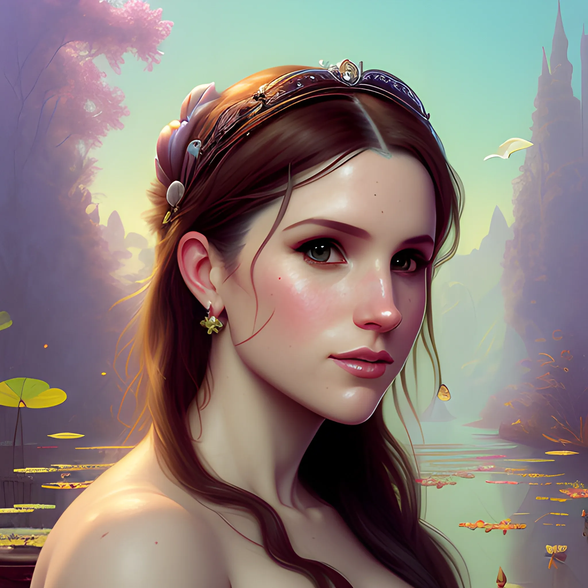 Meghan Markle / Anna Kendrick face morph at a lotus pond; highly detailed beautiful face; glitter, renaissance; high contrast, pastel, sorbet, pearlescent, underwater, surreal, Unreal Engine 5; by Dan Parent, Alphonse Mucha, Artgerm, WLOP, intricately detailed, fantasy, bizarre, beautiful, Chromolithography, Soft Shading, Unreal Engine; digital painting, smooth, sharp focus, illustration, art by lisa frank, Steve Goad, Frank Frazetta, William-Adolphe Bouguereau, Unreal Engine 5, Cartoon, 3D, Oil Painting, 3D