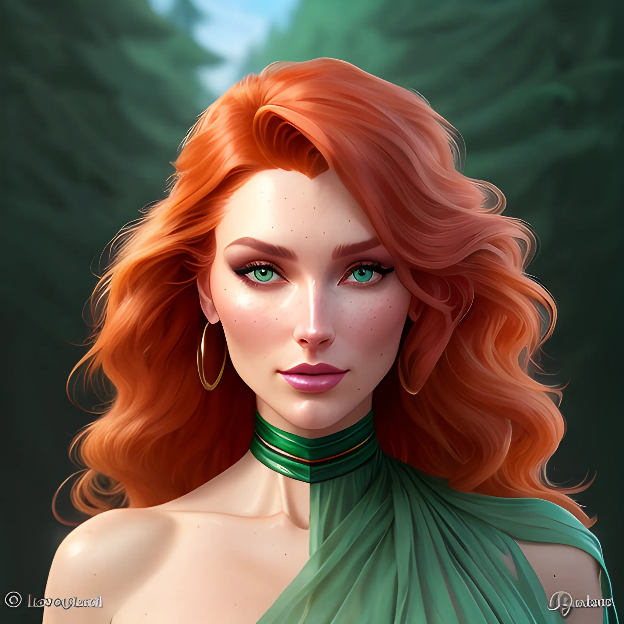 Elsa Hosk / Shanina Sheik / Robyn Lively face morph in a deep green pine tree forest; long, curly red hair, turquoise speckled green eyes, highly detailed beautiful face; glitter, high contrast, pastel, sorbet, pearlescent, by Dan Parent, Artgerm, WLOP, intricately detailed, fantasy, beautiful, Chromolithography, Soft Shading, Unreal Engine; digital painting, smooth, sharp focus, illustration, art by lisa frank, Steve Goad, Frank Frazetta, William-Adolphe Bouguereau, Unreal Engine 5, Cartoon, 3D, Oil Painting, castle, sunset