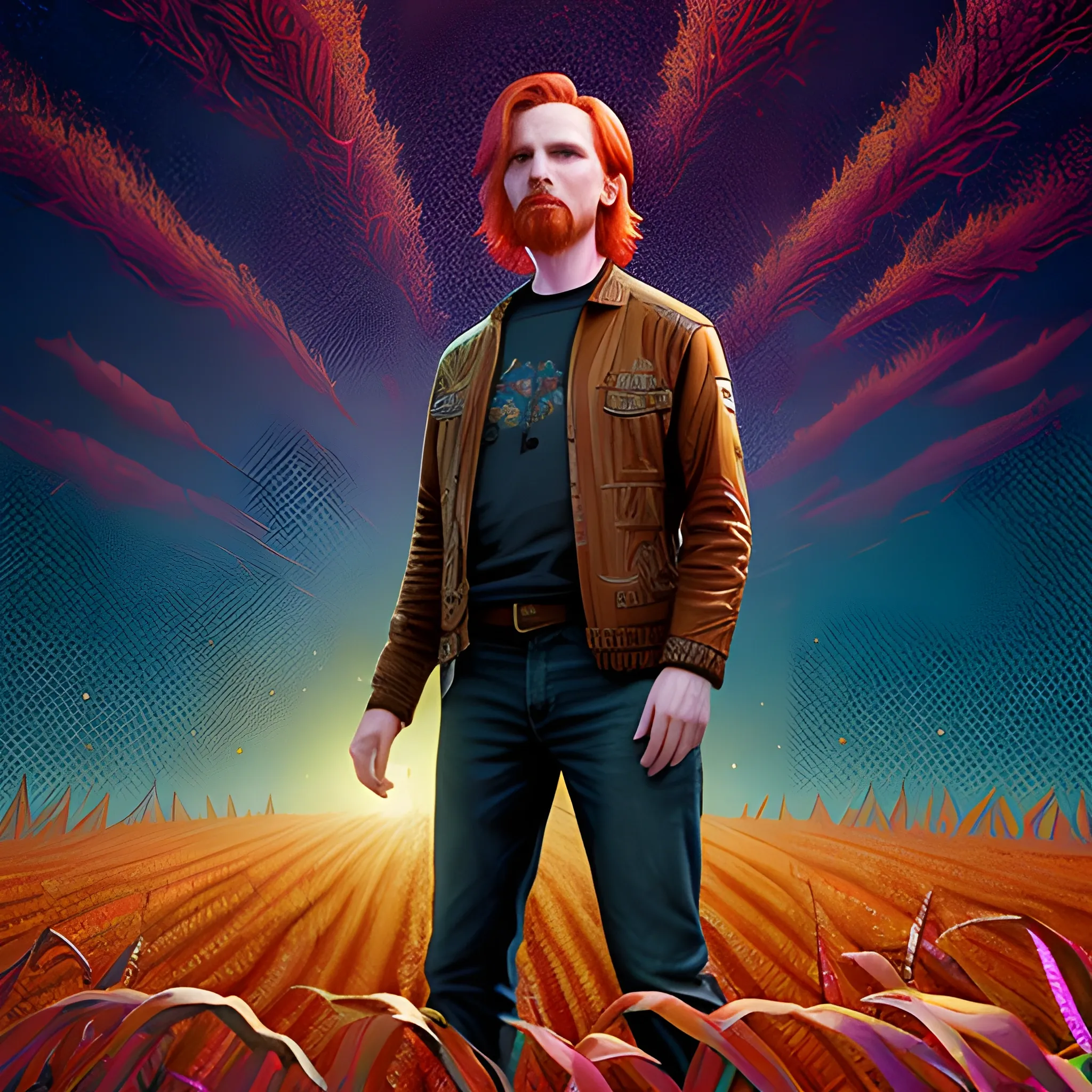 male actor Courtney Gains, his highly detailed handsome face, meticulously detailed multi-hued red hair, standing in tall corn, cornfield, nebula sky; by James R. Eads, Fausto-Giurescu, Tania Rivilis, Renata-s-art, Dan Mumford; luminous colorful sparkles, glitter, airbrush, depth of field, volumetric lighting, deep color, underground comix