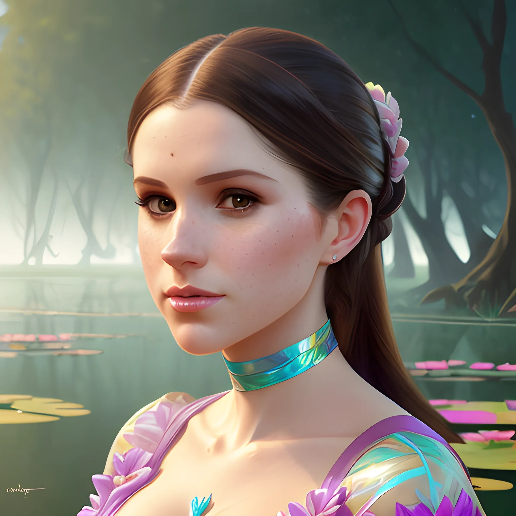 Meghan Markle / Anna Kendrick face morph at a lotus pond; highly detailed beautiful face; glitter, renaissance; high contrast, pastel, sorbet, pearlescent, underwater, surreal, Unreal Engine 5; by Dan Parent, Alphonse Mucha, Artgerm, WLOP, intricately detailed, fantasy, bizarre, beautiful, Chromolithography, Soft Shading, Unreal Engine; digital painting, smooth, sharp focus, illustration, art by lisa frank, Steve Goad, Frank Frazetta, William-Adolphe Bouguereau, Unreal Engine 5, Cartoon, 3D, Oil Painting, 3D