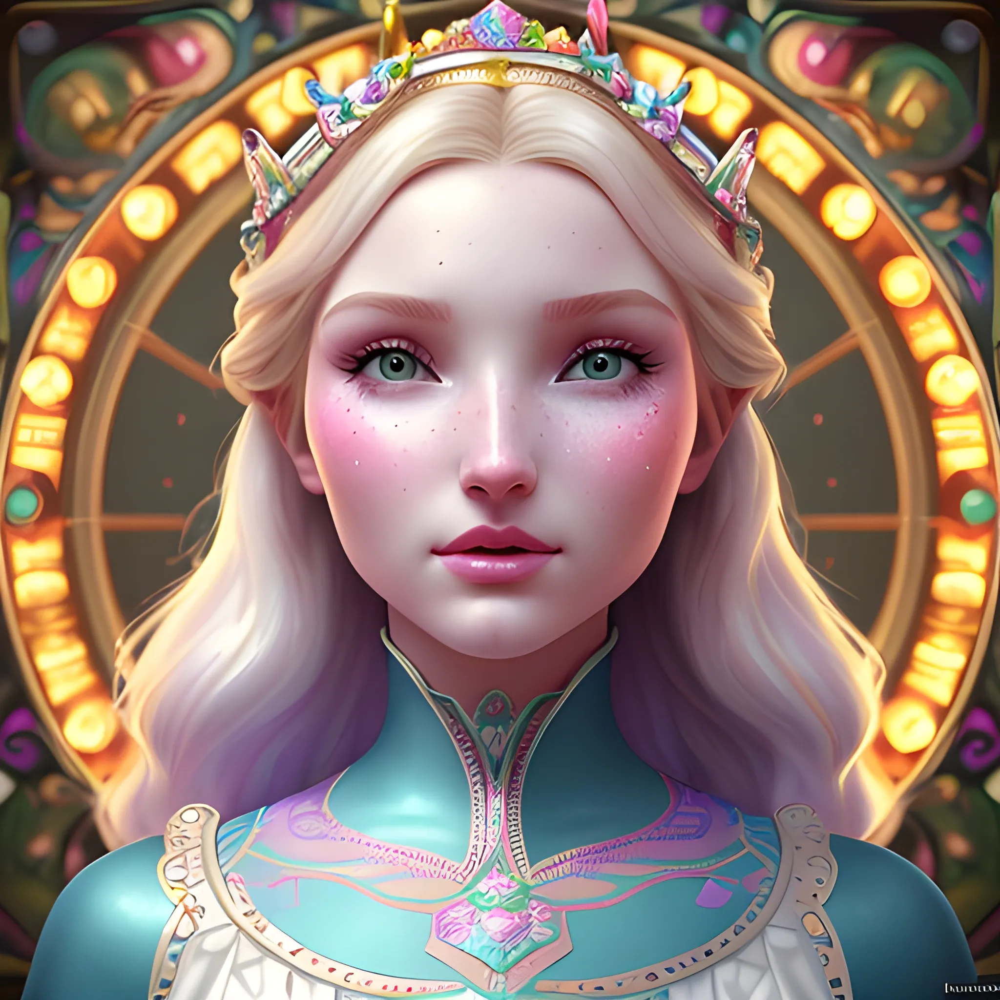 Elsa Hosk / Dove Cameron face morph at a carnival; highly detailed beautiful face; glitter, renaissance; renn fest, street fair, high contrast, cotton candy, pastel, sorbet, pearlescent, Unreal Engine 5; by Dan Parent, Alphonse Mucha, Artgerm, WLOP, intricately detailed, fantasy, bizarre, beautiful, Chromolithography, Soft Shading, Unreal Engine; digital painting, smooth, sharp focus, illustration, art by lisa frank, Steve Goad, Frank Frazetta, William-Adolphe Bouguereau, Unreal Engine 5, Cartoon, 3D, Oil Painting, 3D, Cartoon