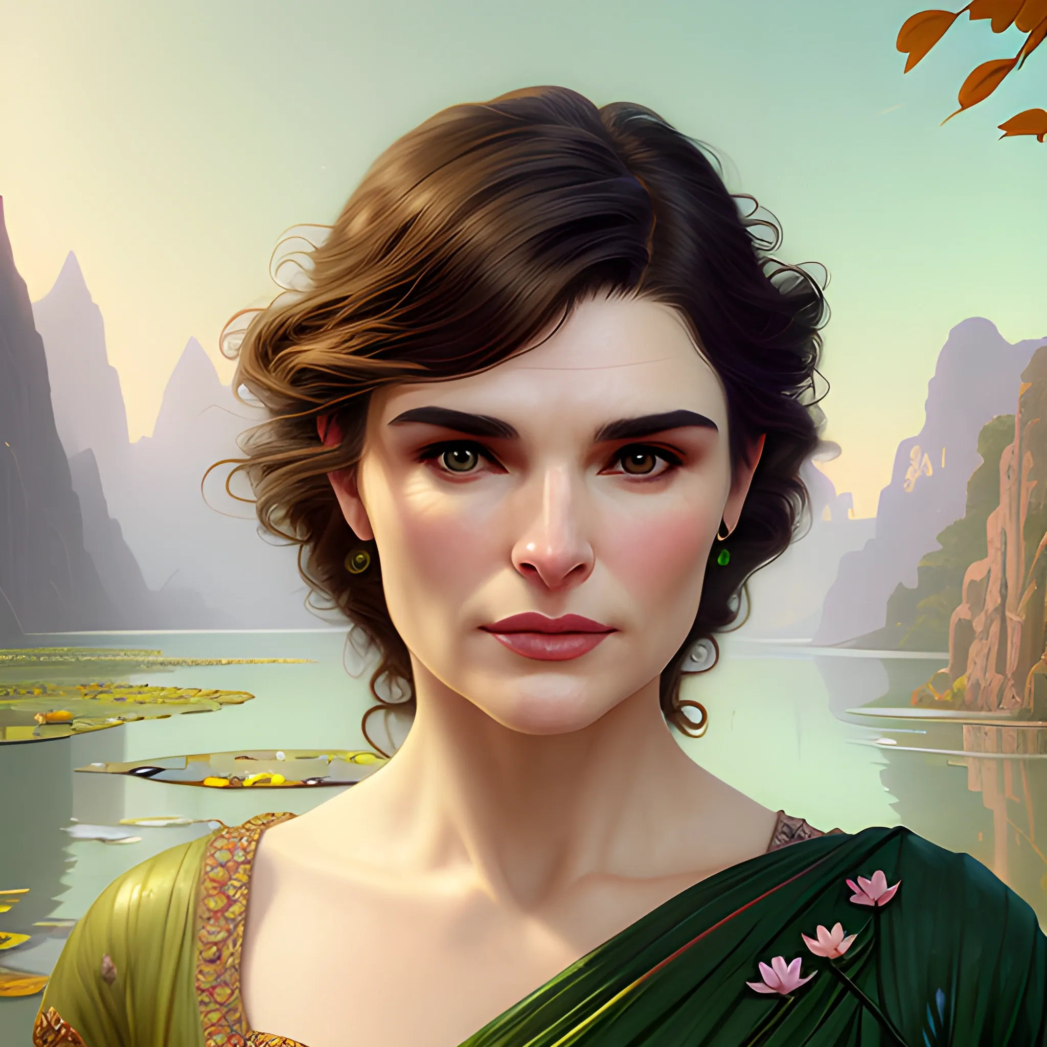 Julia Ormond / Rachel Weisz face morph at a lotus pond; highly detailed beautiful face; glitter, renaissance; high contrast, pastel, sorbet, pearlescent, underwater, surreal, Unreal Engine 5; by Dan Parent, Alphonse Mucha, Artgerm, WLOP, intricately detailed, fantasy, bizarre, beautiful, Chromolithography, Soft Shading, Unreal Engine; digital painting, smooth, sharp focus, illustration, art by lisa frank, Steve Goad, Frank Frazetta, William-Adolphe Bouguereau, Unreal Engine 5, Cartoon, 3D, Oil Painting, 3D